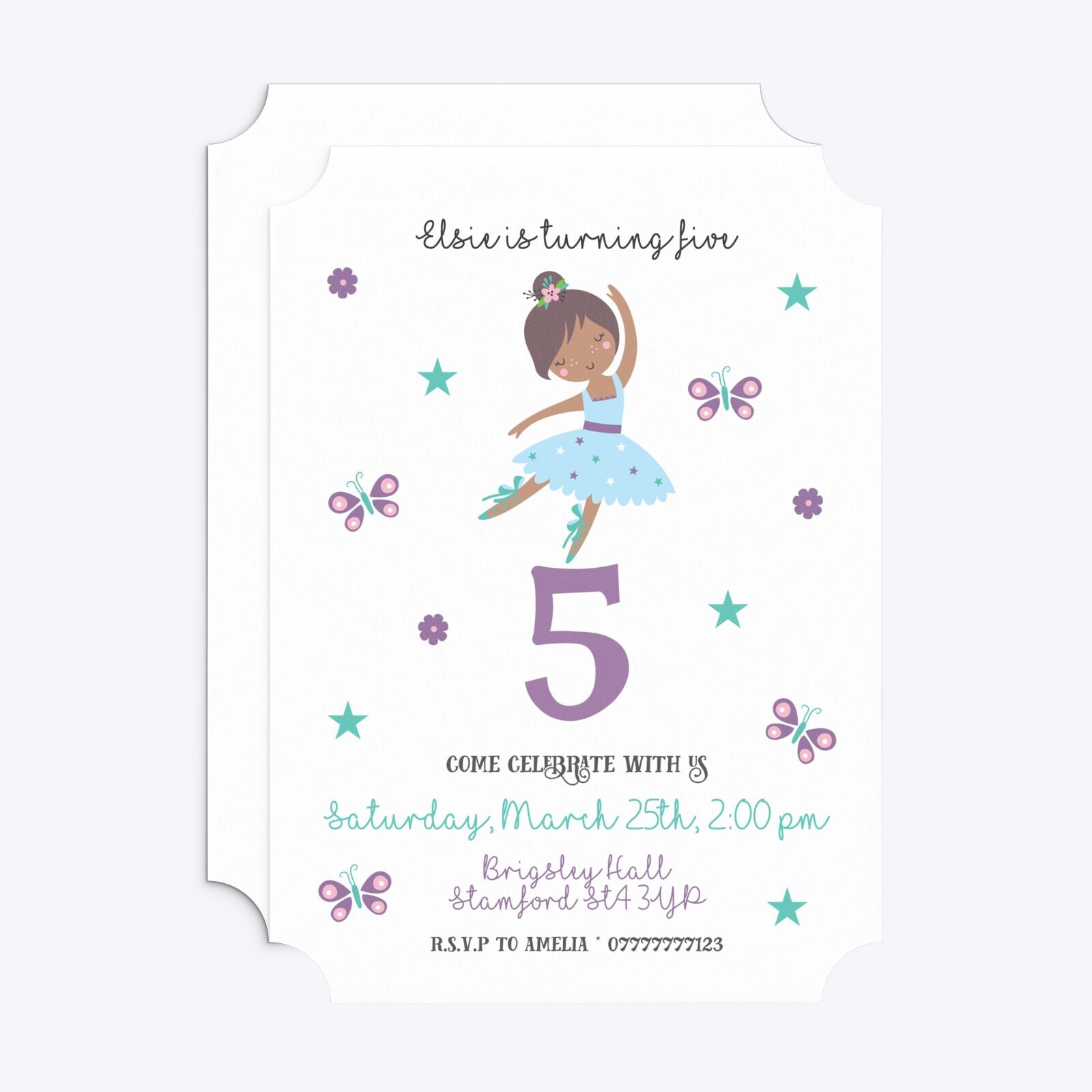 Ballerina Birthday Personalised Ticket Invitation Matte Paper Front and Back Image