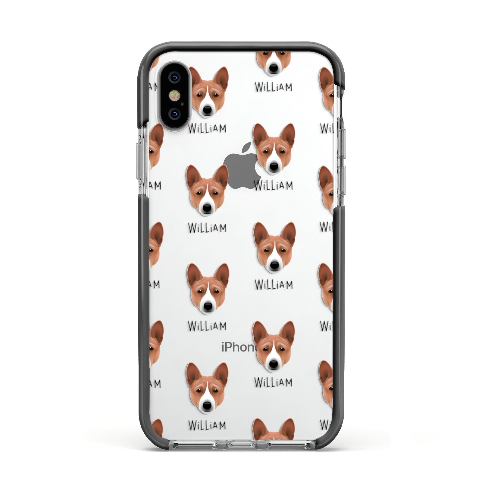 Basenji Icon with Name Apple iPhone Xs Impact Case Black Edge on Silver Phone