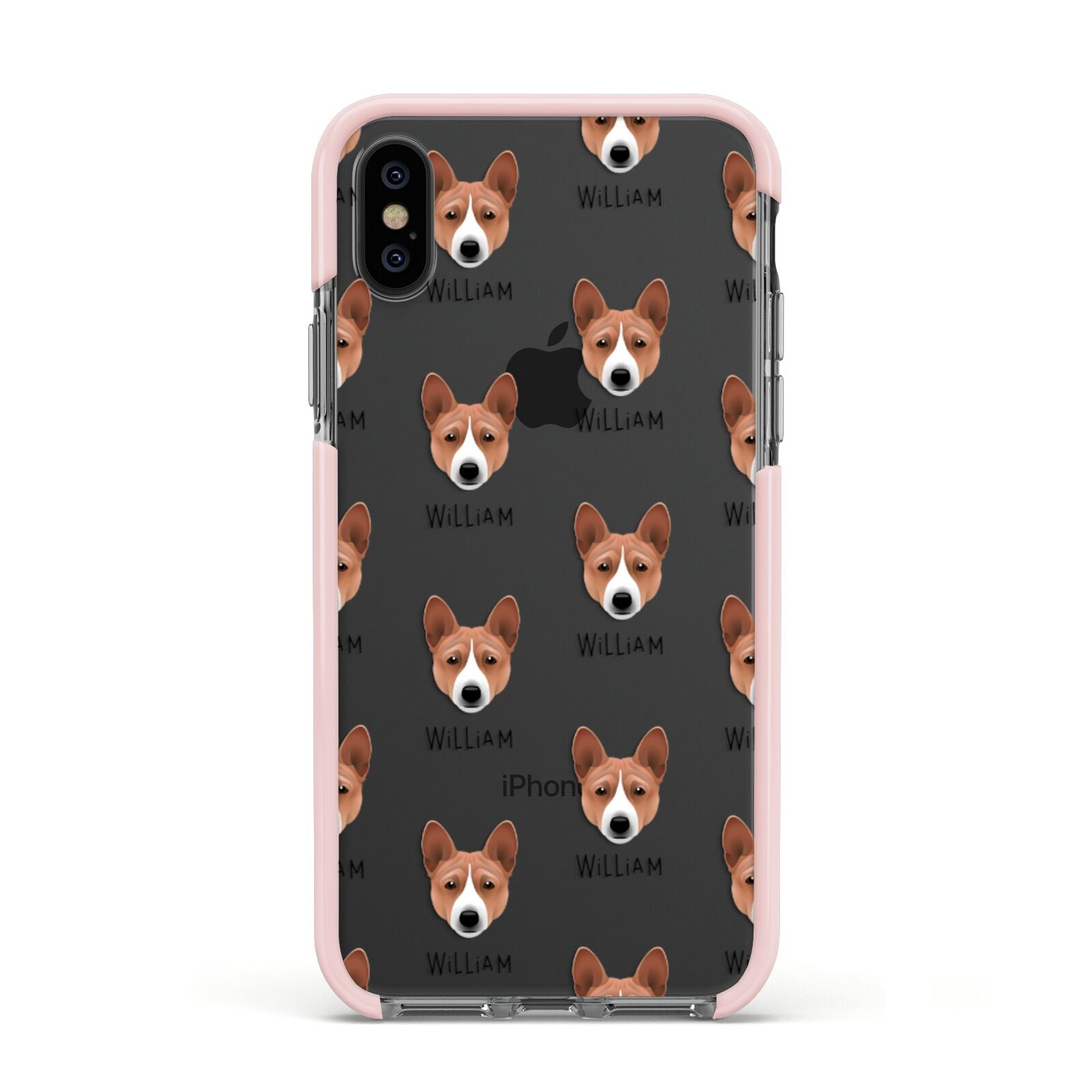 Basenji Icon with Name Apple iPhone Xs Impact Case Pink Edge on Black Phone