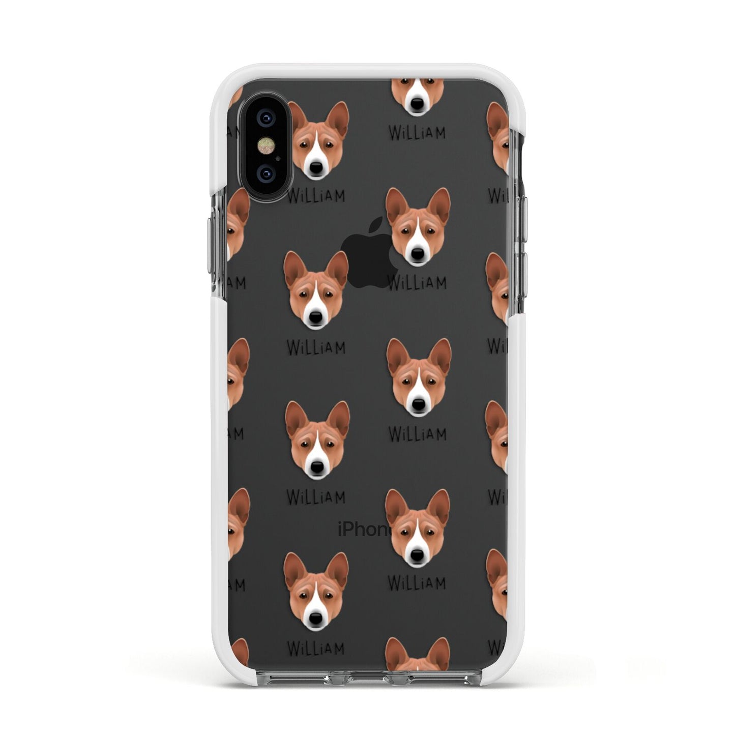 Basenji Icon with Name Apple iPhone Xs Impact Case White Edge on Black Phone