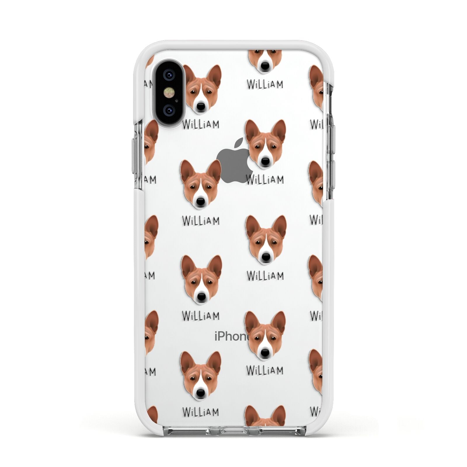 Basenji Icon with Name Apple iPhone Xs Impact Case White Edge on Silver Phone