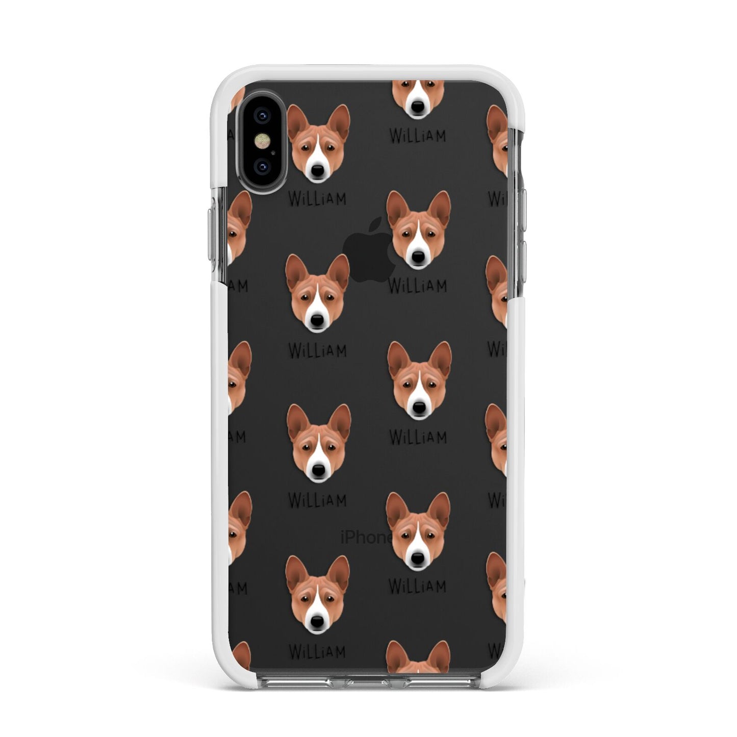 Basenji Icon with Name Apple iPhone Xs Max Impact Case White Edge on Black Phone