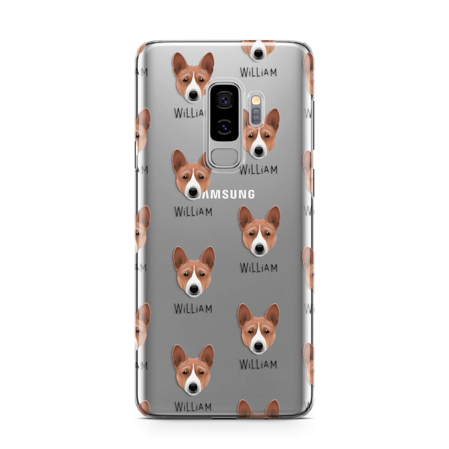 Basenji Icon with Name Samsung Galaxy S9 Plus Case on Silver phone