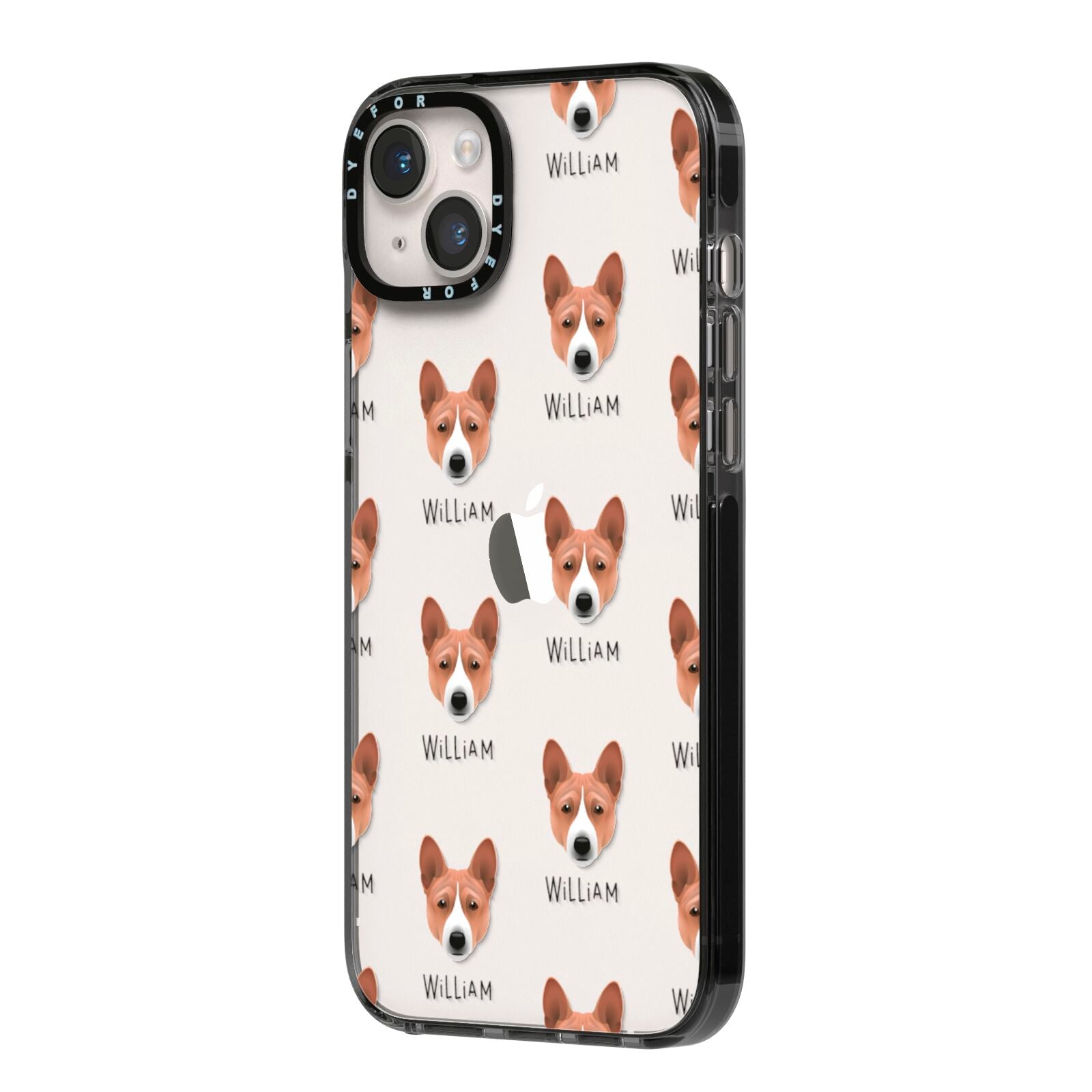 Basenji Icon with Name iPhone 14 Plus Black Impact Case Side Angle on Silver phone