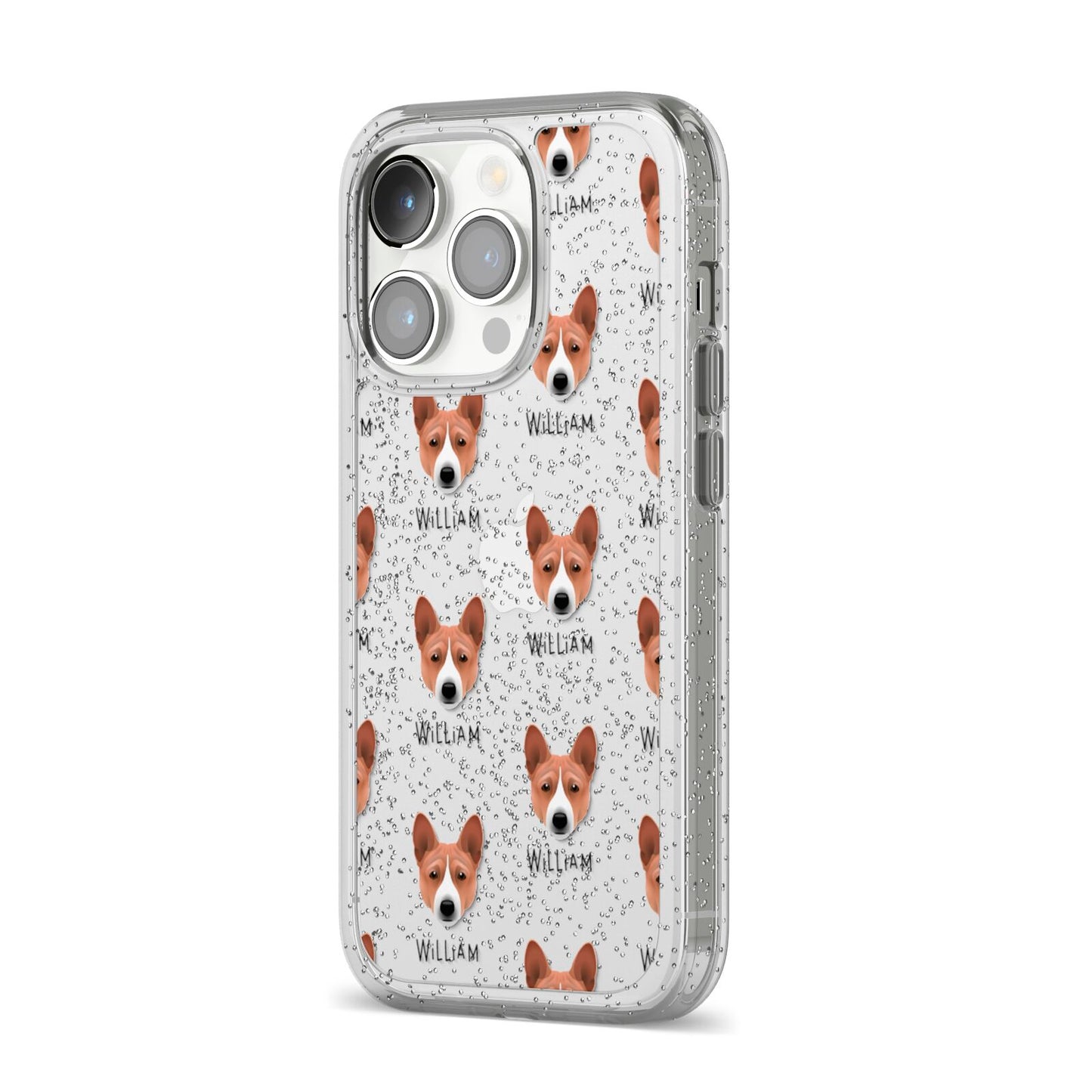 Basenji Icon with Name iPhone 14 Pro Glitter Tough Case Silver Angled Image