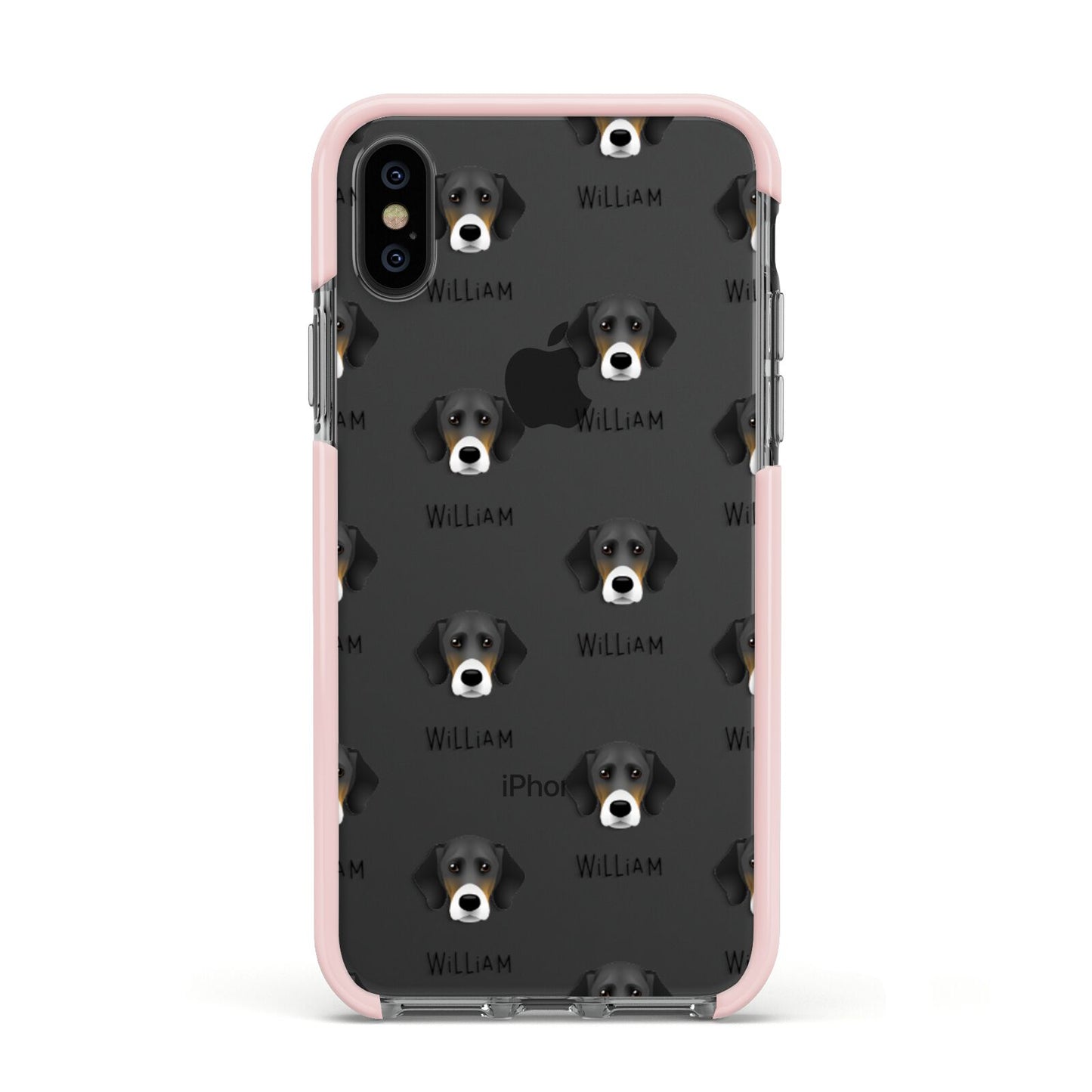 Bassador Icon with Name Apple iPhone Xs Impact Case Pink Edge on Black Phone
