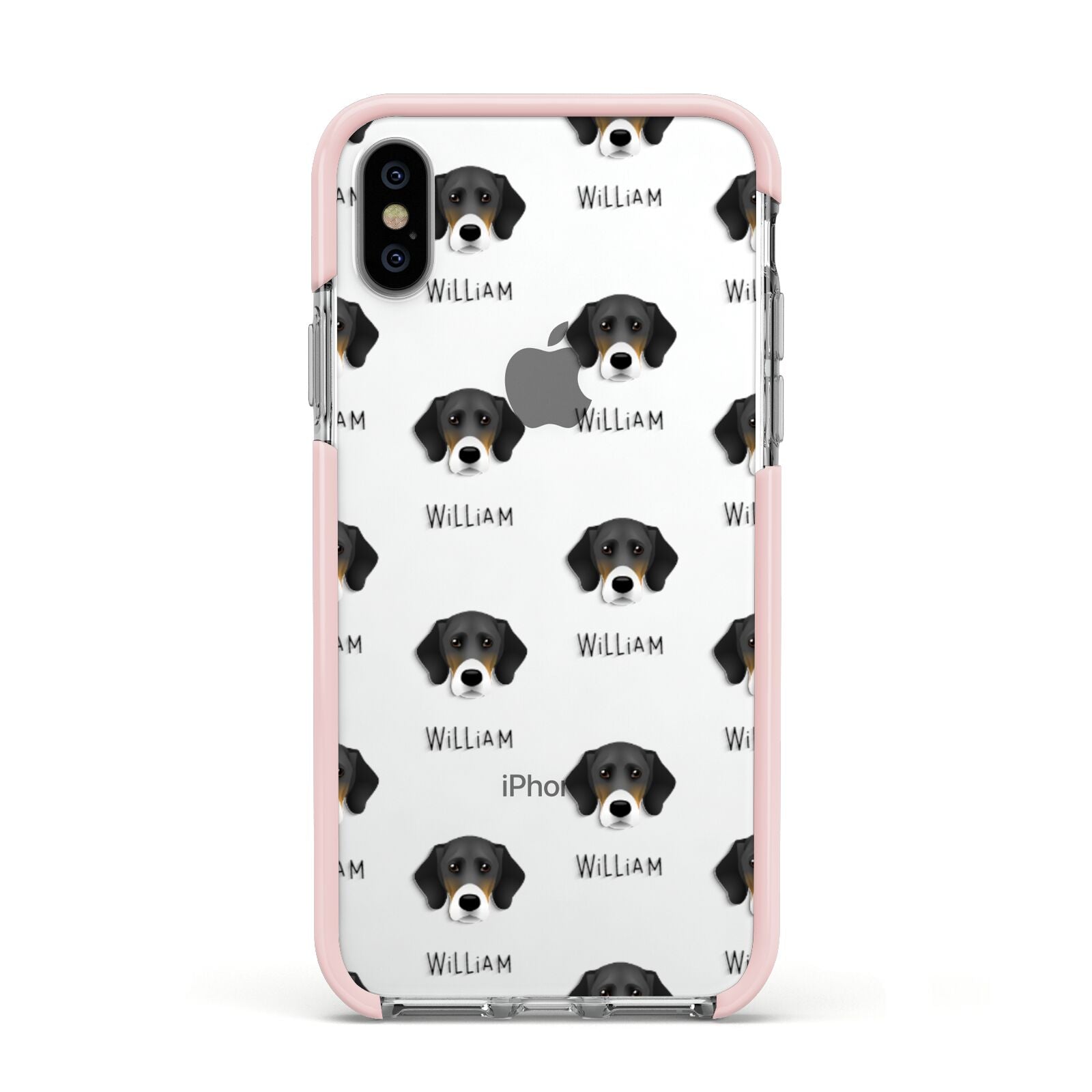 Bassador Icon with Name Apple iPhone Xs Impact Case Pink Edge on Silver Phone