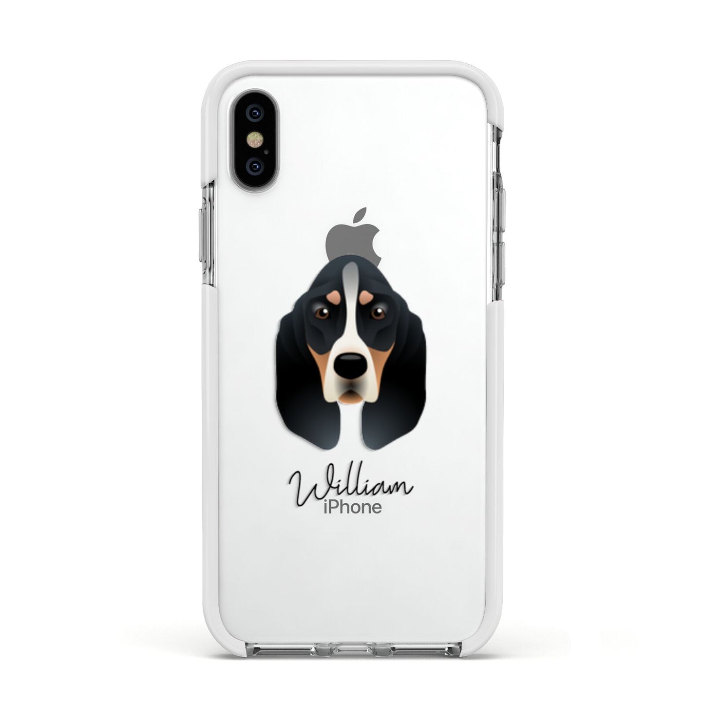 Basset Bleu De Gascogne Personalised Apple iPhone Xs Impact Case White Edge on Silver Phone