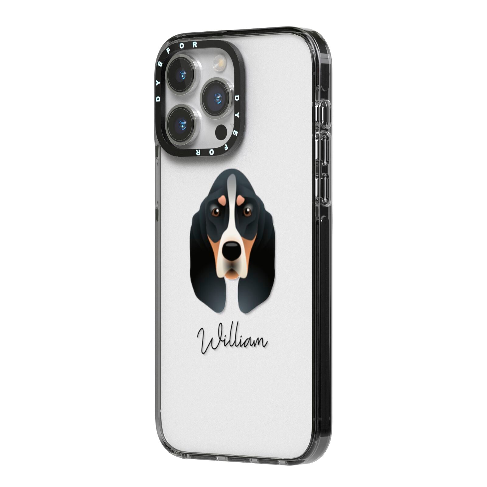 Basset Bleu De Gascogne Personalised iPhone 14 Pro Max Black Impact Case Side Angle on Silver phone