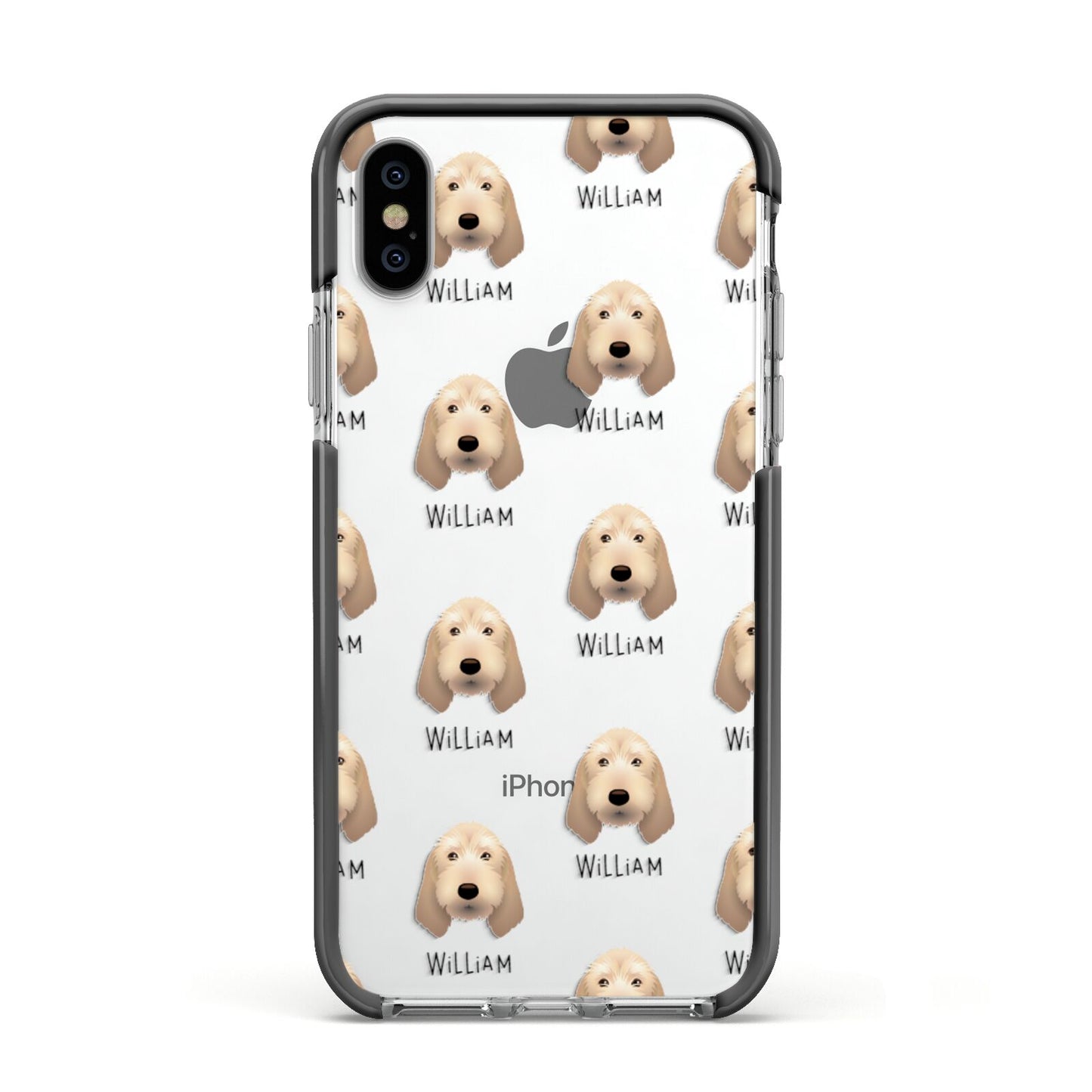 Basset Fauve De Bretagne Icon with Name Apple iPhone Xs Impact Case Black Edge on Silver Phone