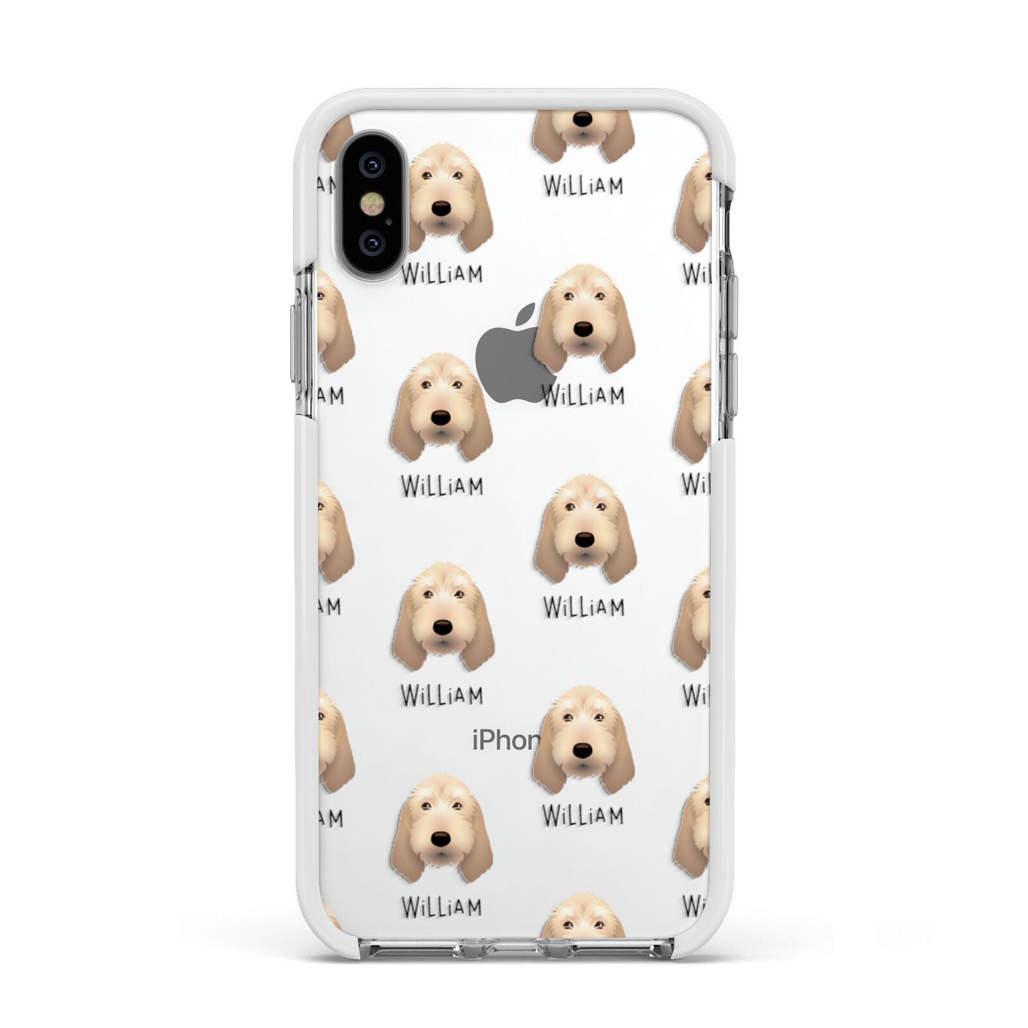 Basset Fauve De Bretagne Icon with Name Apple iPhone Xs Impact Case White Edge on Silver Phone