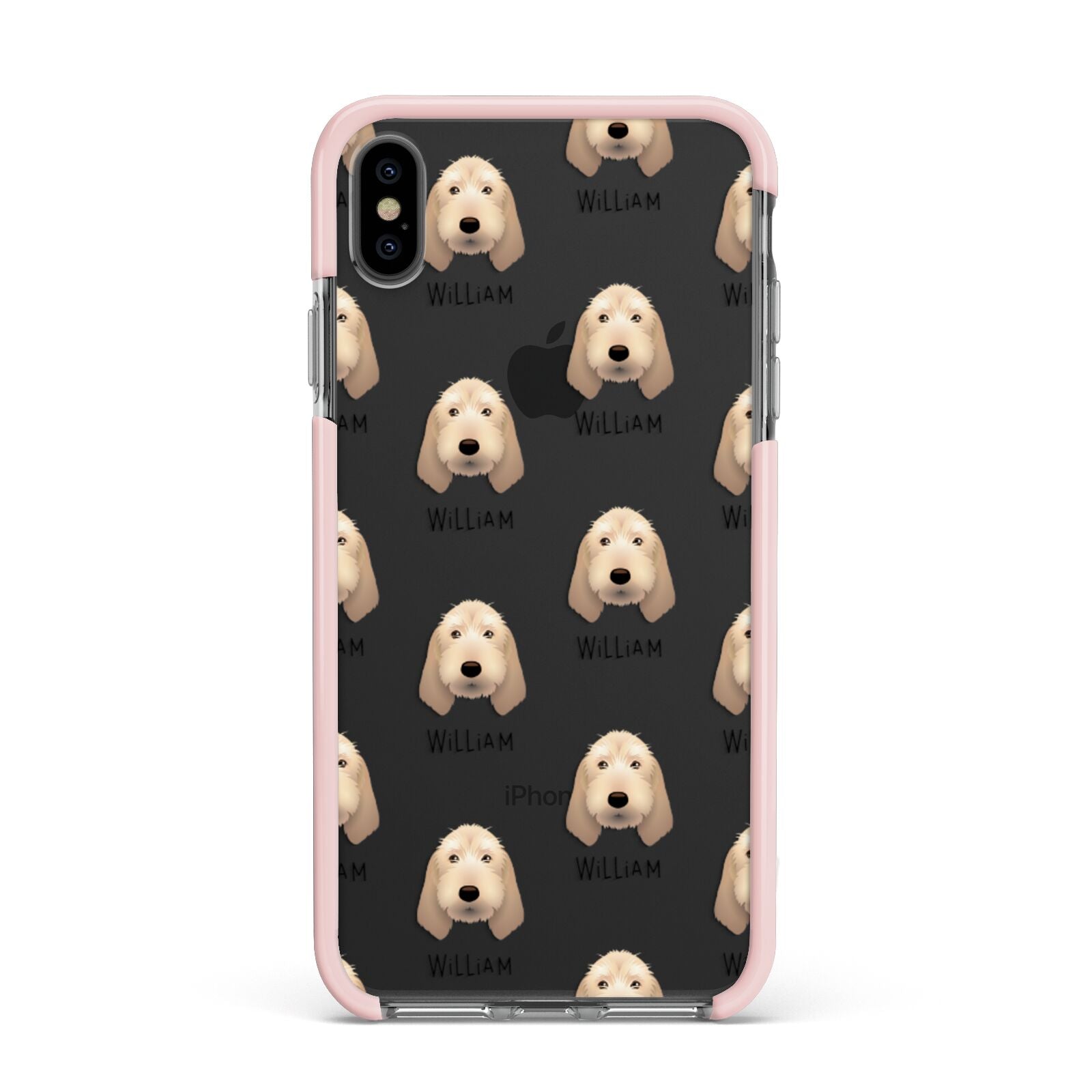 Basset Fauve De Bretagne Icon with Name Apple iPhone Xs Max Impact Case Pink Edge on Black Phone