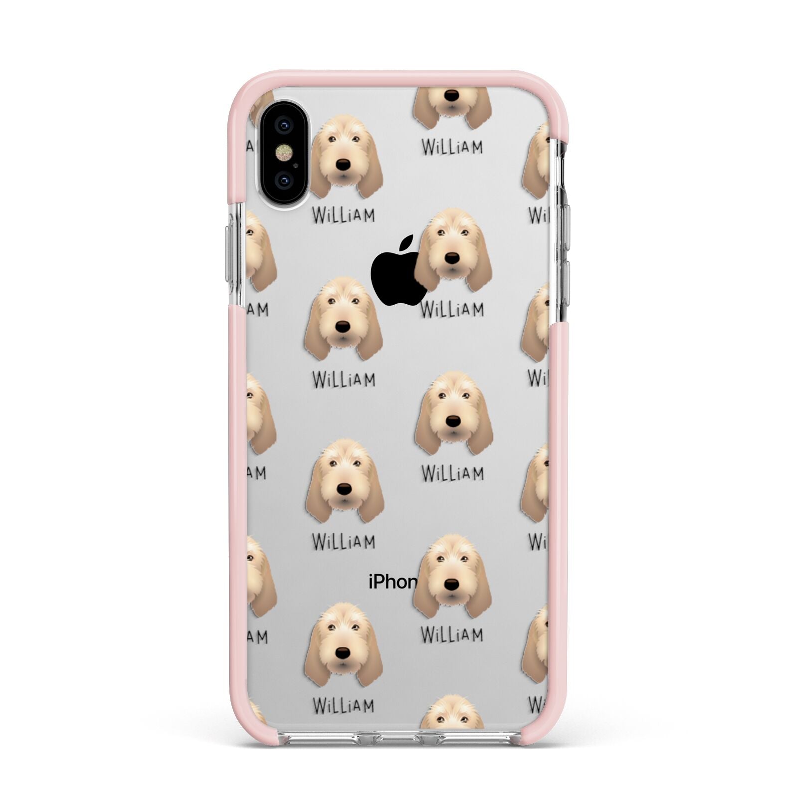 Basset Fauve De Bretagne Icon with Name Apple iPhone Xs Max Impact Case Pink Edge on Silver Phone