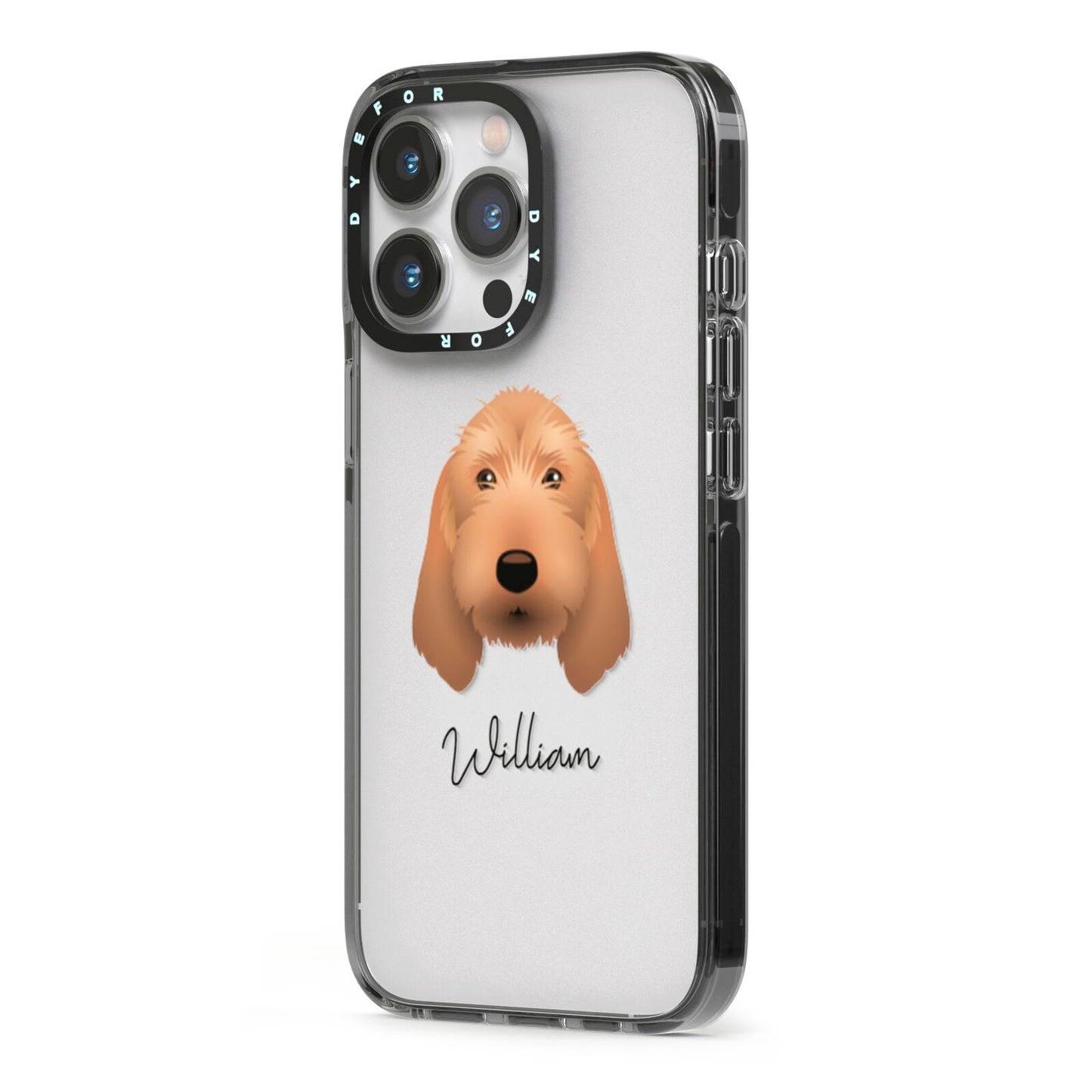 Basset Fauve De Bretagne Personalised iPhone 13 Pro Black Impact Case Side Angle on Silver phone