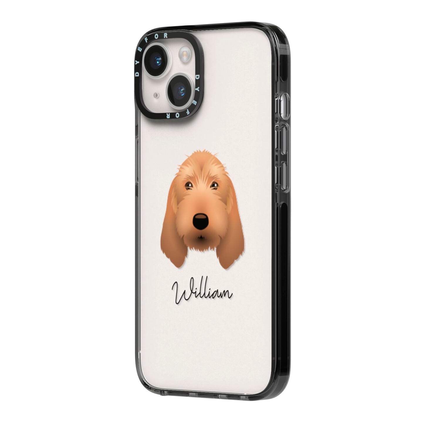 Basset Fauve De Bretagne Personalised iPhone 14 Black Impact Case Side Angle on Silver phone