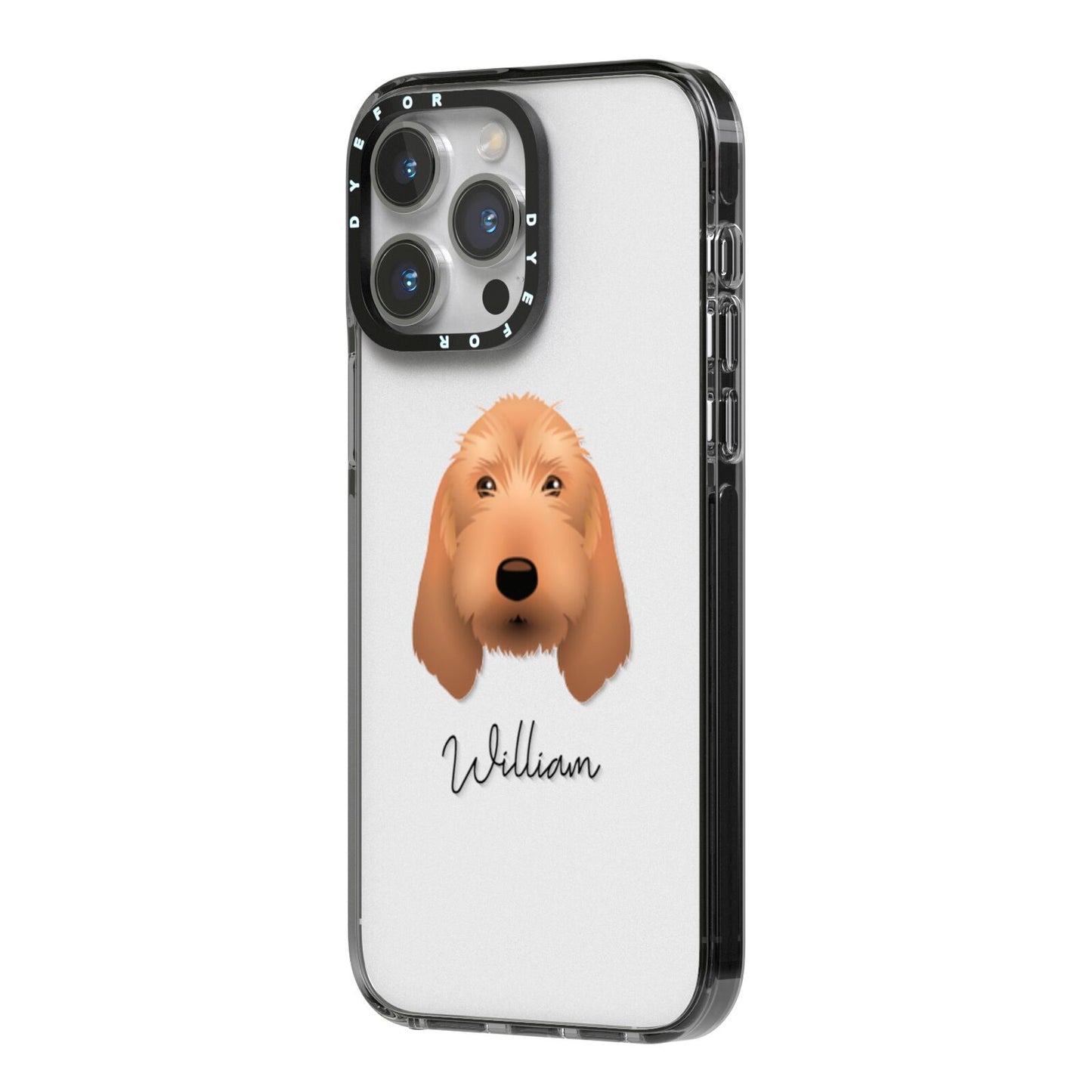 Basset Fauve De Bretagne Personalised iPhone 14 Pro Max Black Impact Case Side Angle on Silver phone