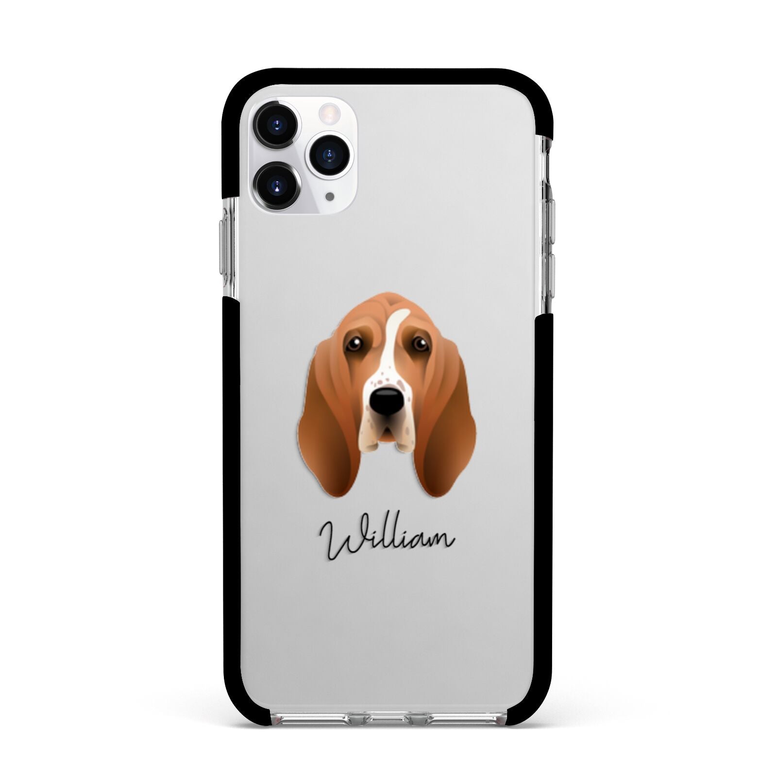 Basset Hound Personalised Apple iPhone 11 Pro Max in Silver with Black Impact Case