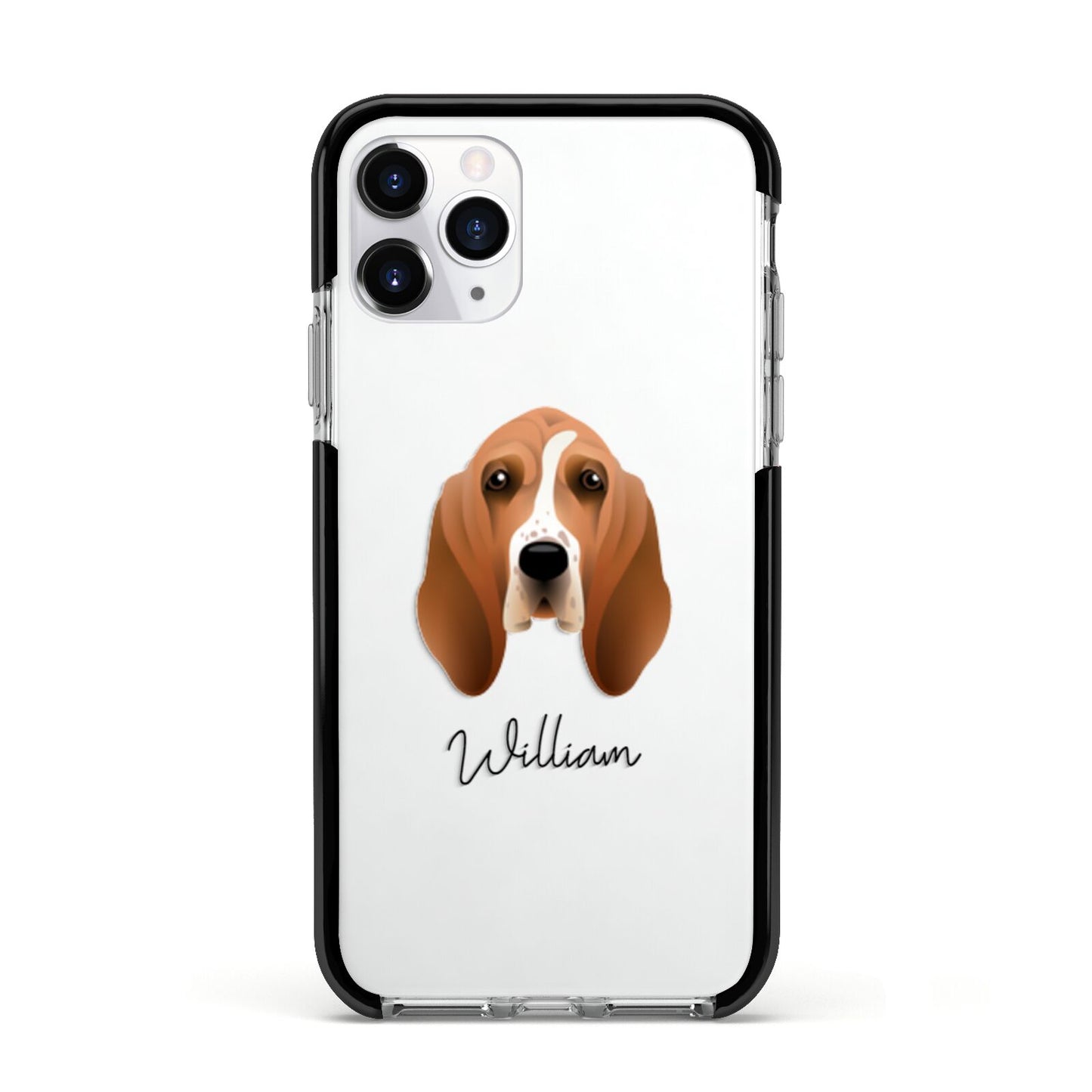Basset Hound Personalised Apple iPhone 11 Pro in Silver with Black Impact Case