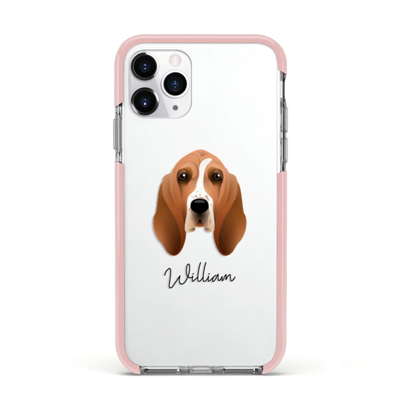 Basset Hound Personalised Apple iPhone 11 Pro in Silver with Pink Impact Case
