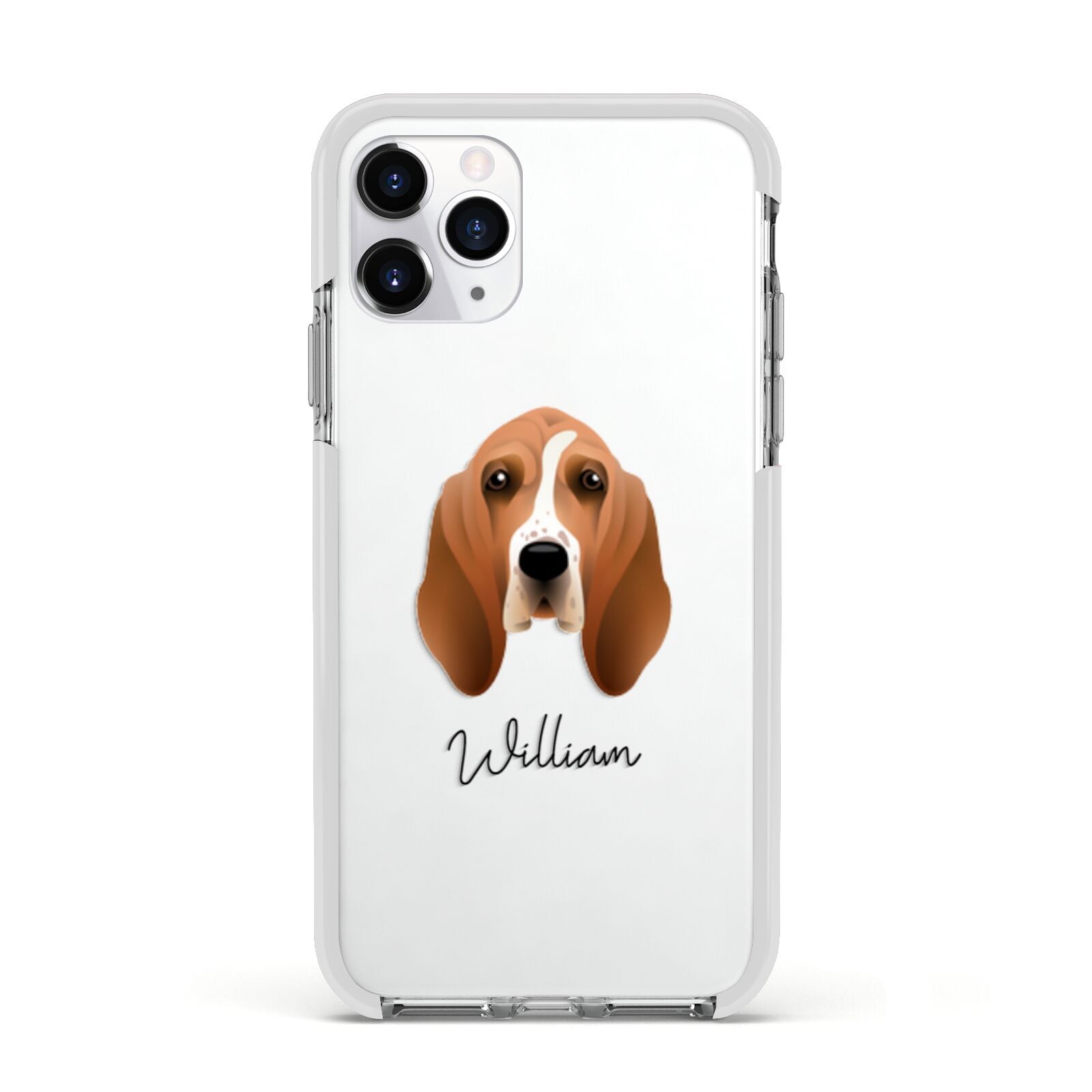 Basset Hound Personalised Apple iPhone 11 Pro in Silver with White Impact Case