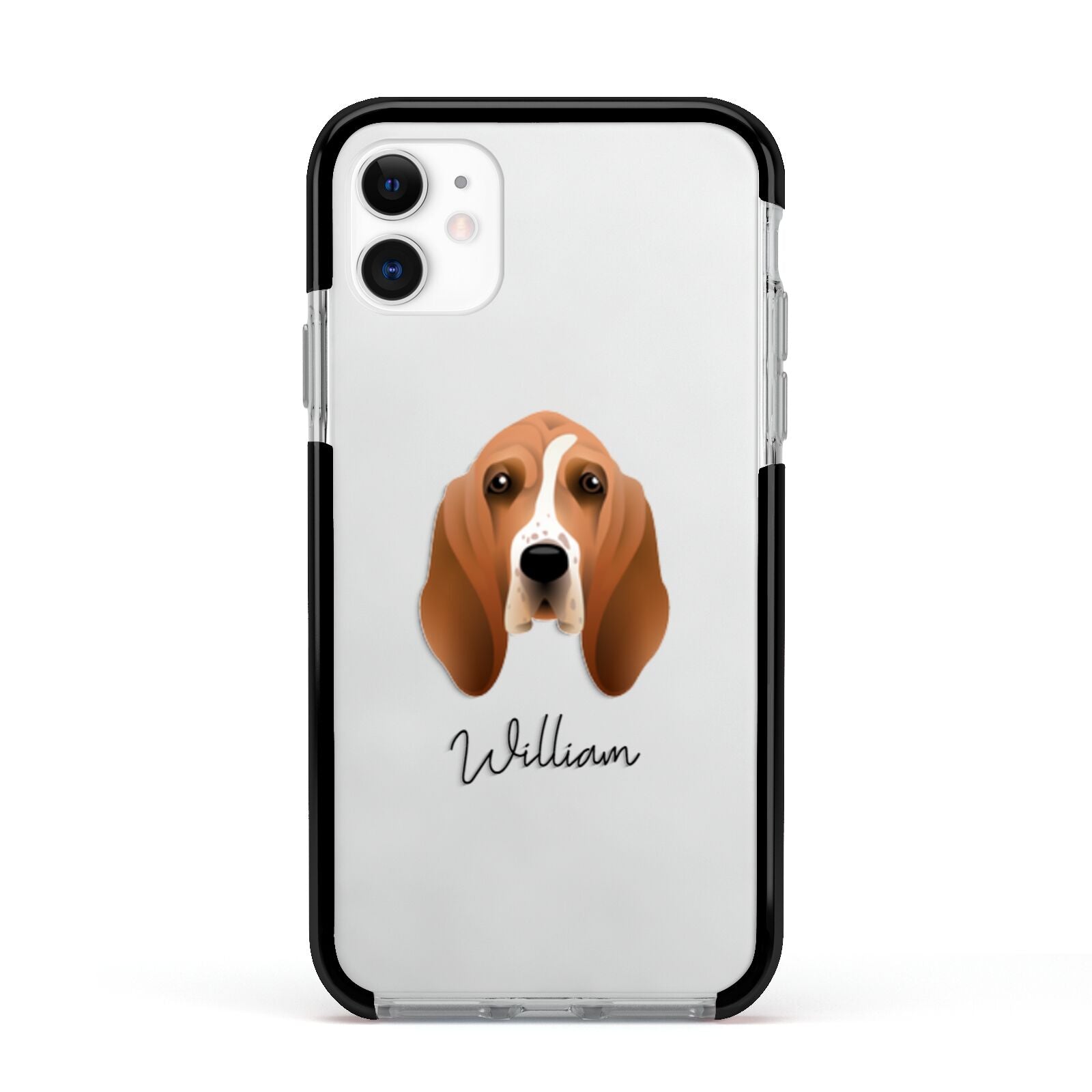 Basset Hound Personalised Apple iPhone 11 in White with Black Impact Case