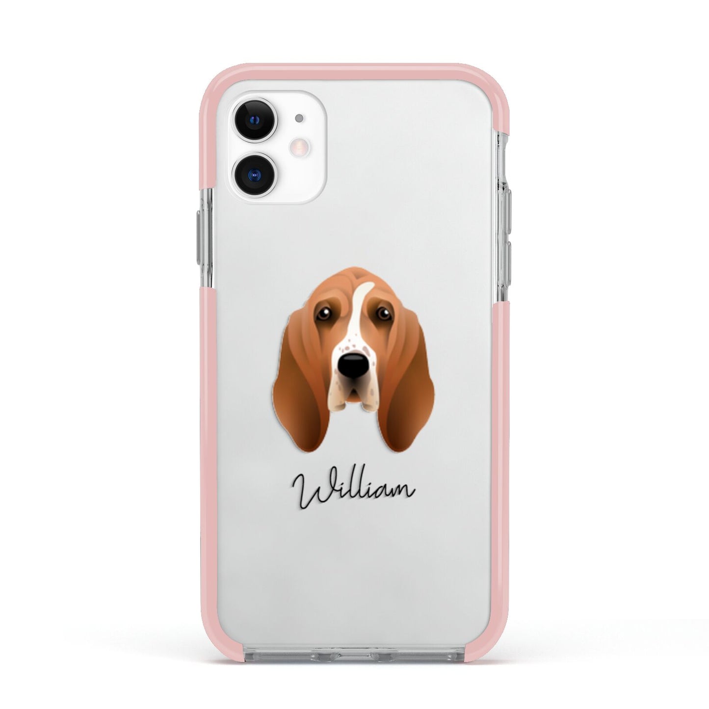 Basset Hound Personalised Apple iPhone 11 in White with Pink Impact Case