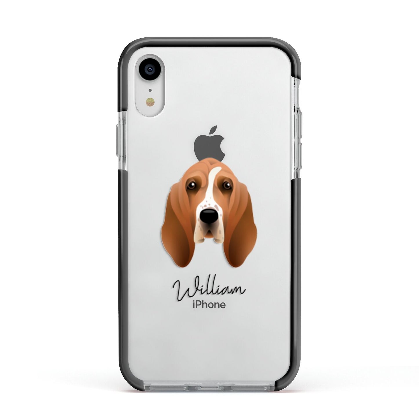 Basset Hound Personalised Apple iPhone XR Impact Case Black Edge on Silver Phone