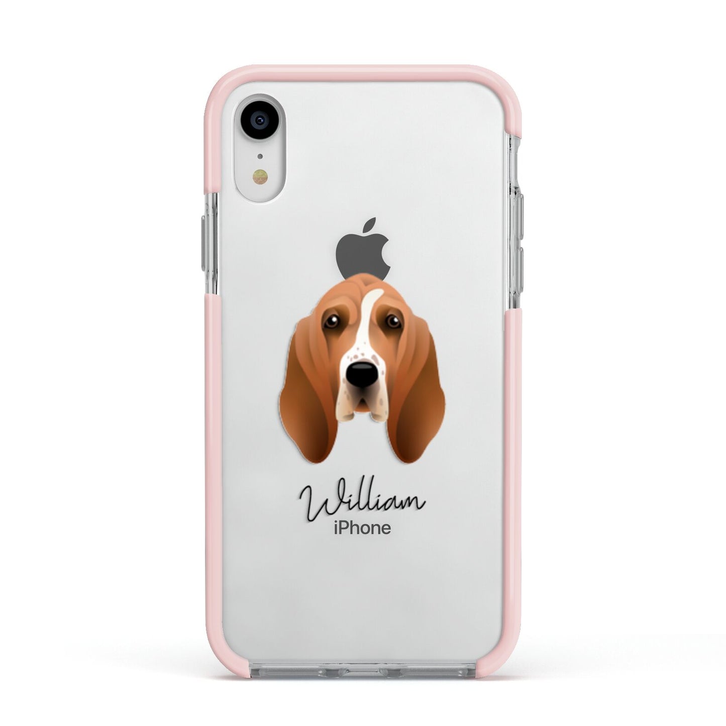 Basset Hound Personalised Apple iPhone XR Impact Case Pink Edge on Silver Phone