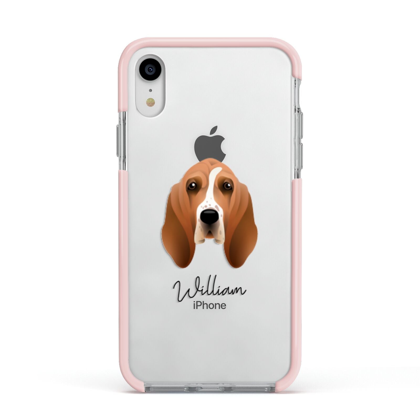 Basset Hound Personalised Apple iPhone XR Impact Case Pink Edge on Silver Phone