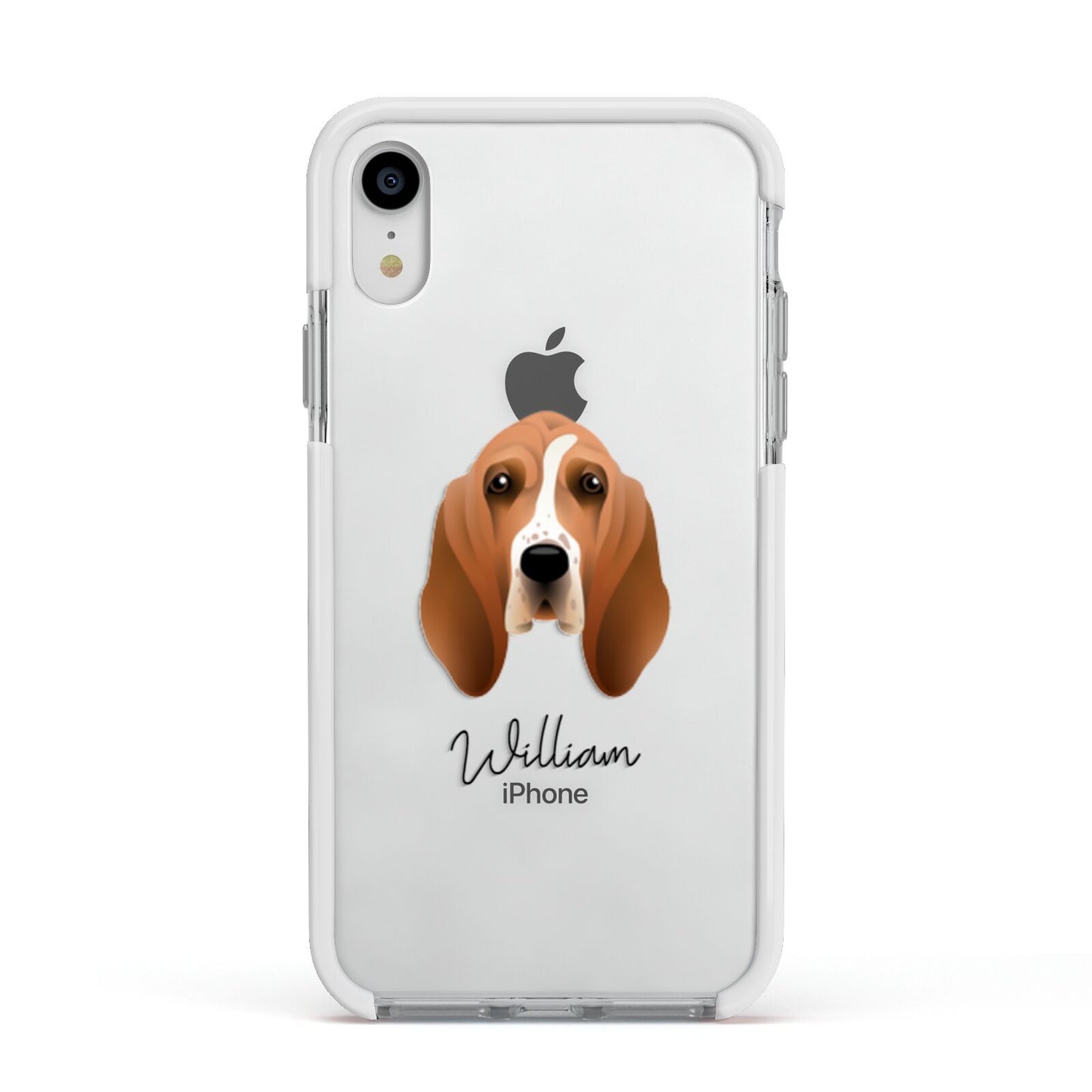 Basset Hound Personalised Apple iPhone XR Impact Case White Edge on Silver Phone