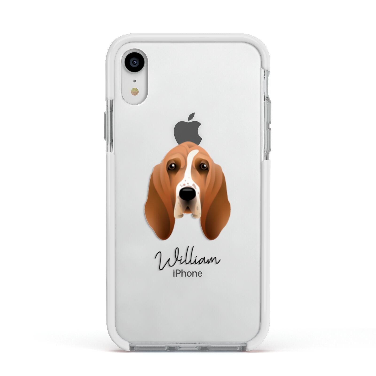 Basset Hound Personalised Apple iPhone XR Impact Case White Edge on Silver Phone