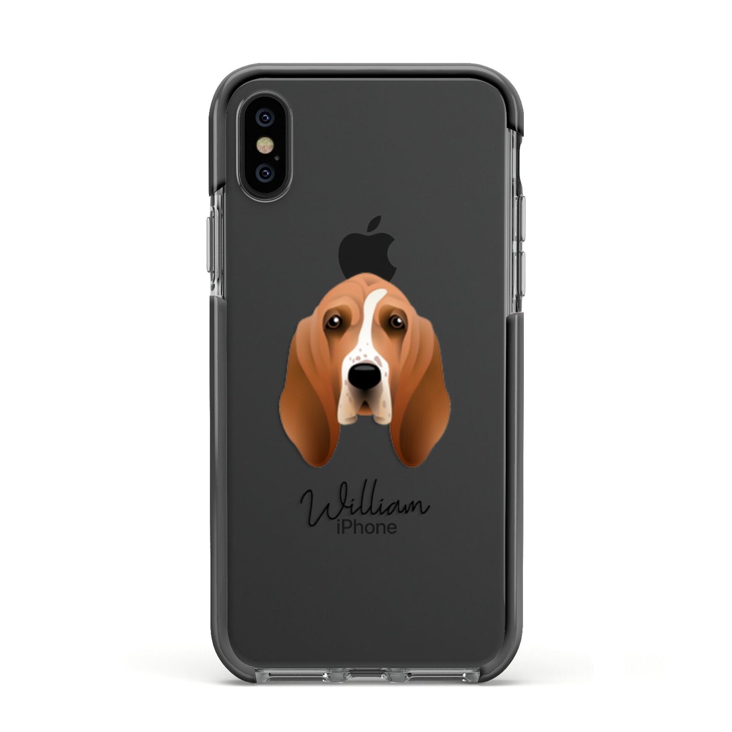 Basset Hound Personalised Apple iPhone Xs Impact Case Black Edge on Black Phone