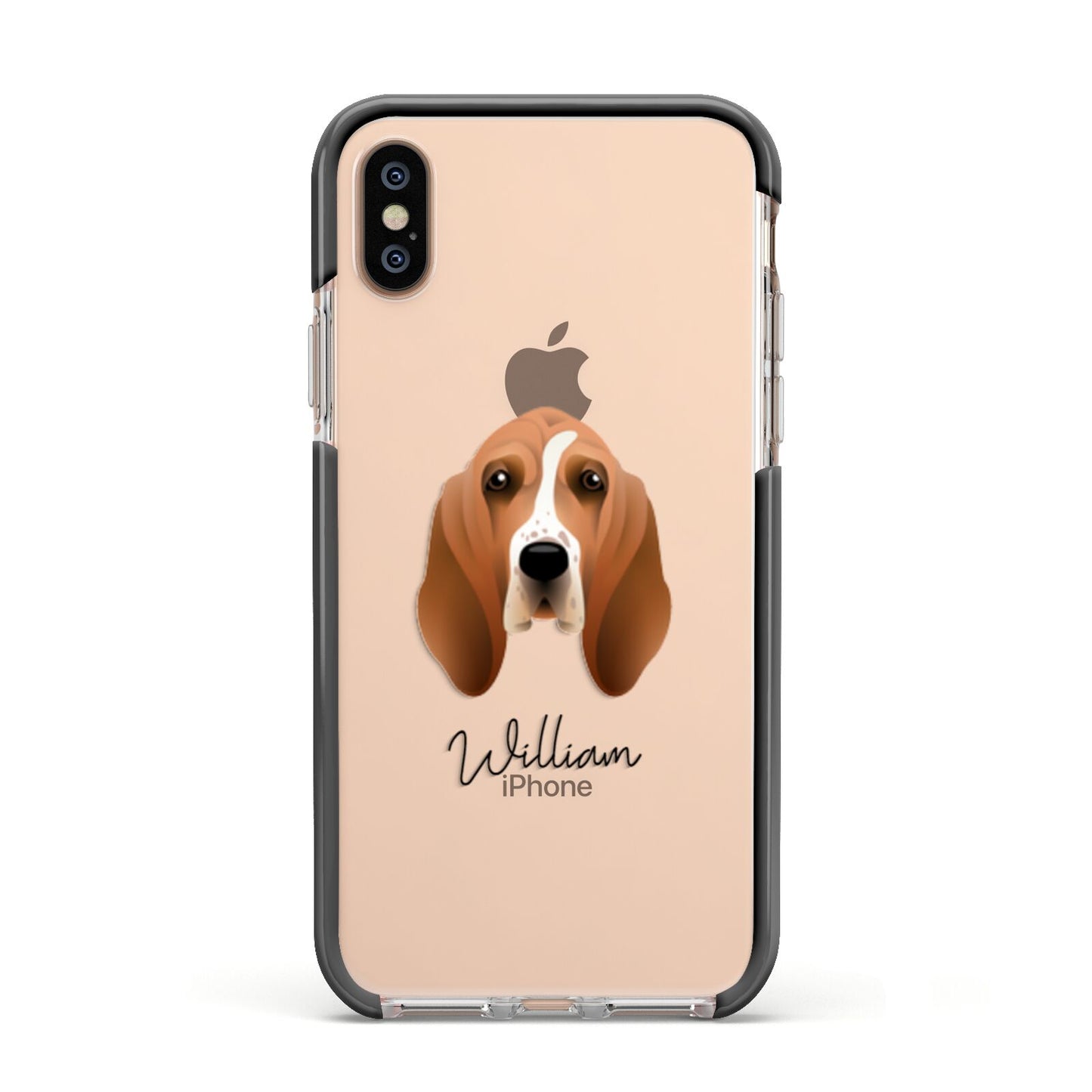 Basset Hound Personalised Apple iPhone Xs Impact Case Black Edge on Gold Phone