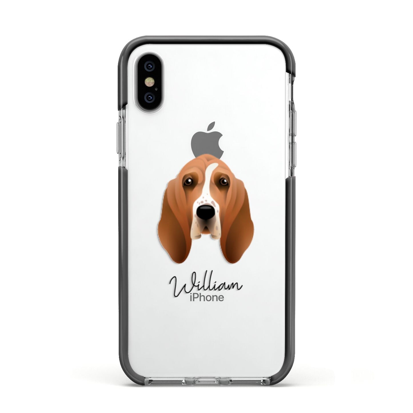 Basset Hound Personalised Apple iPhone Xs Impact Case Black Edge on Silver Phone