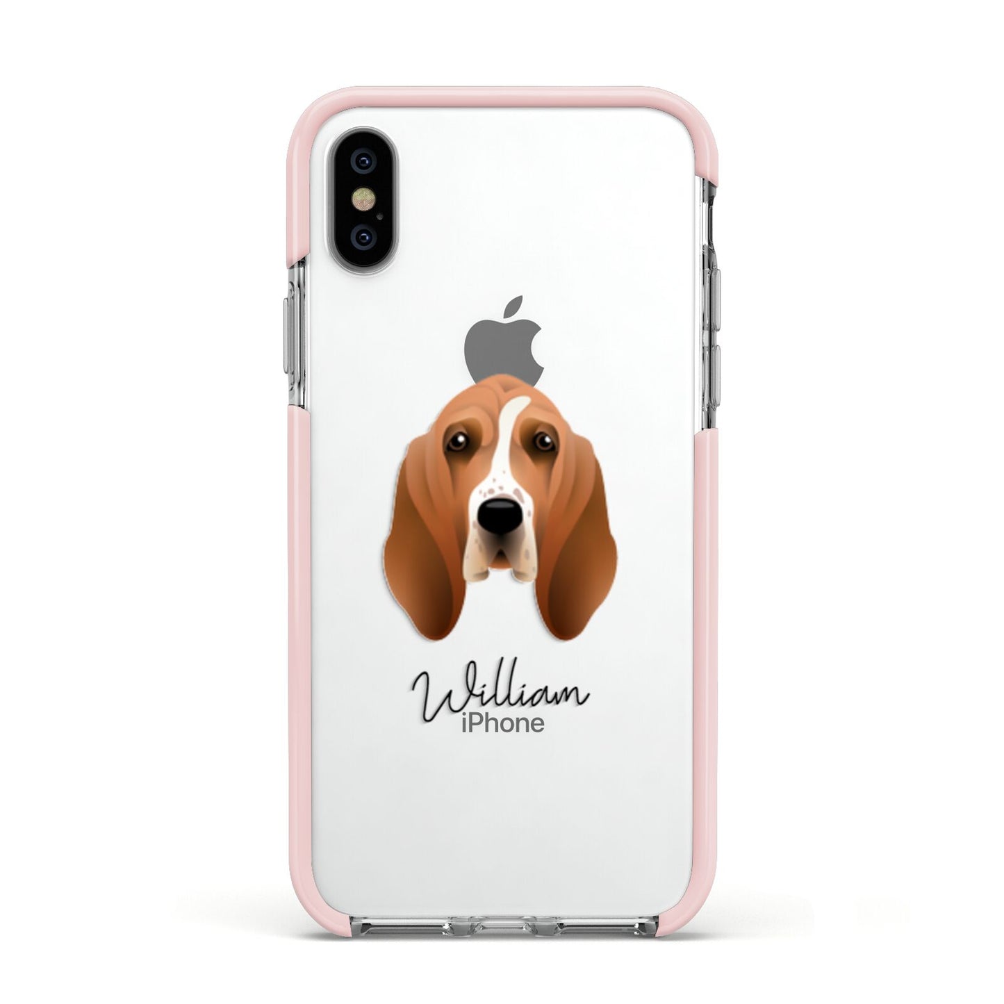 Basset Hound Personalised Apple iPhone Xs Impact Case Pink Edge on Silver Phone