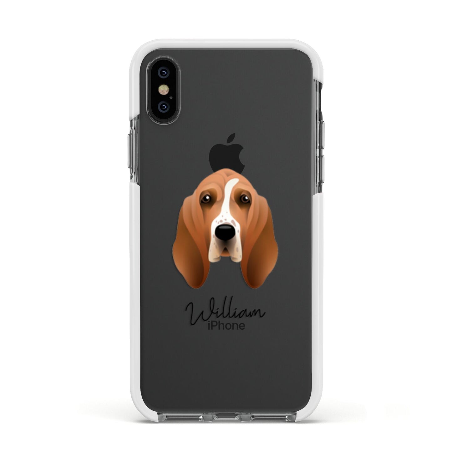 Basset Hound Personalised Apple iPhone Xs Impact Case White Edge on Black Phone