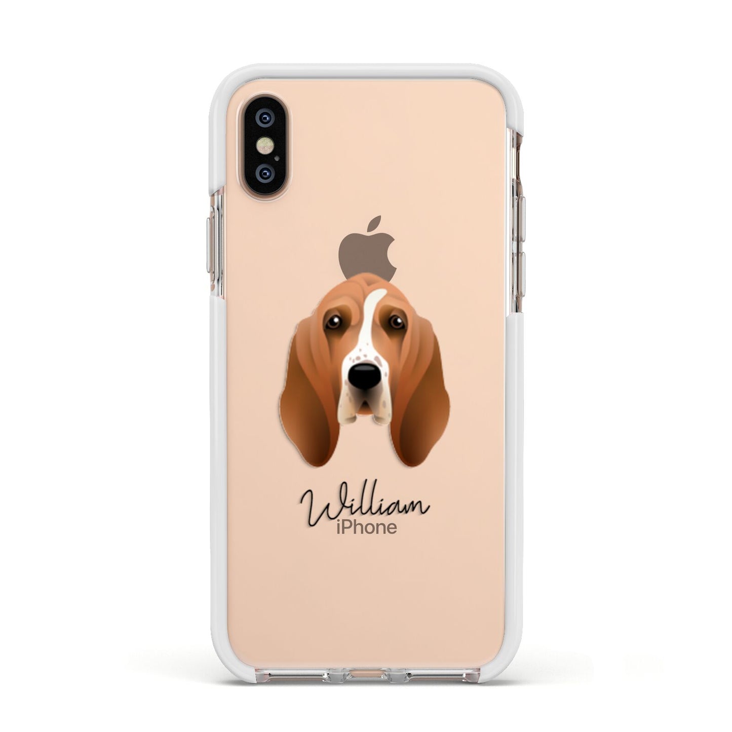 Basset Hound Personalised Apple iPhone Xs Impact Case White Edge on Gold Phone