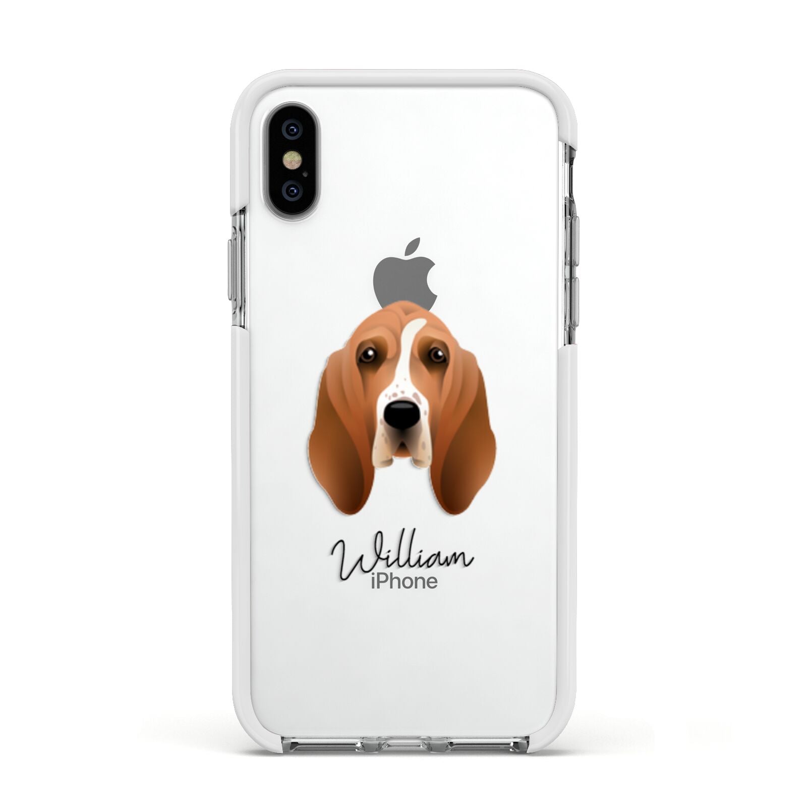 Basset Hound Personalised Apple iPhone Xs Impact Case White Edge on Silver Phone