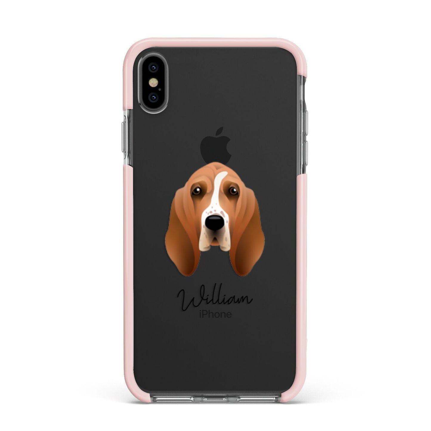 Basset Hound Personalised Apple iPhone Xs Max Impact Case Pink Edge on Black Phone