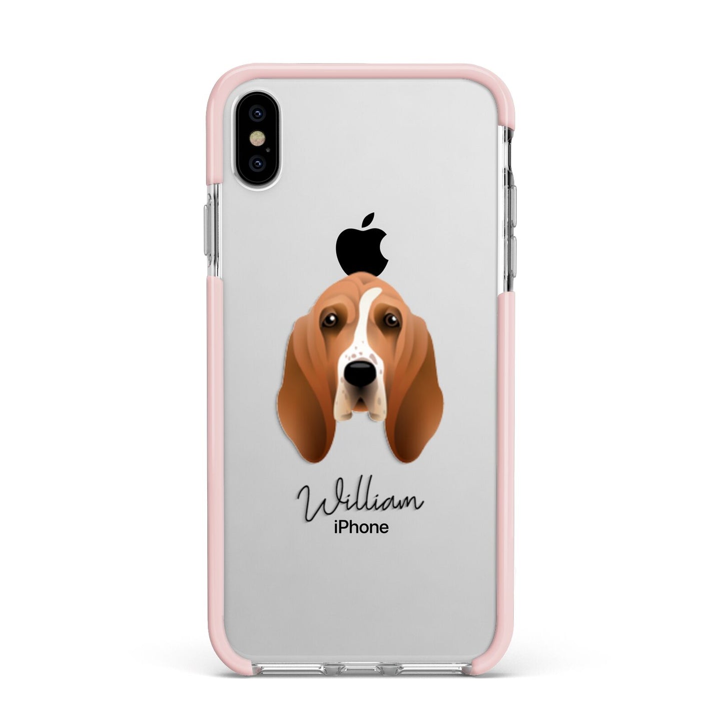 Basset Hound Personalised Apple iPhone Xs Max Impact Case Pink Edge on Silver Phone