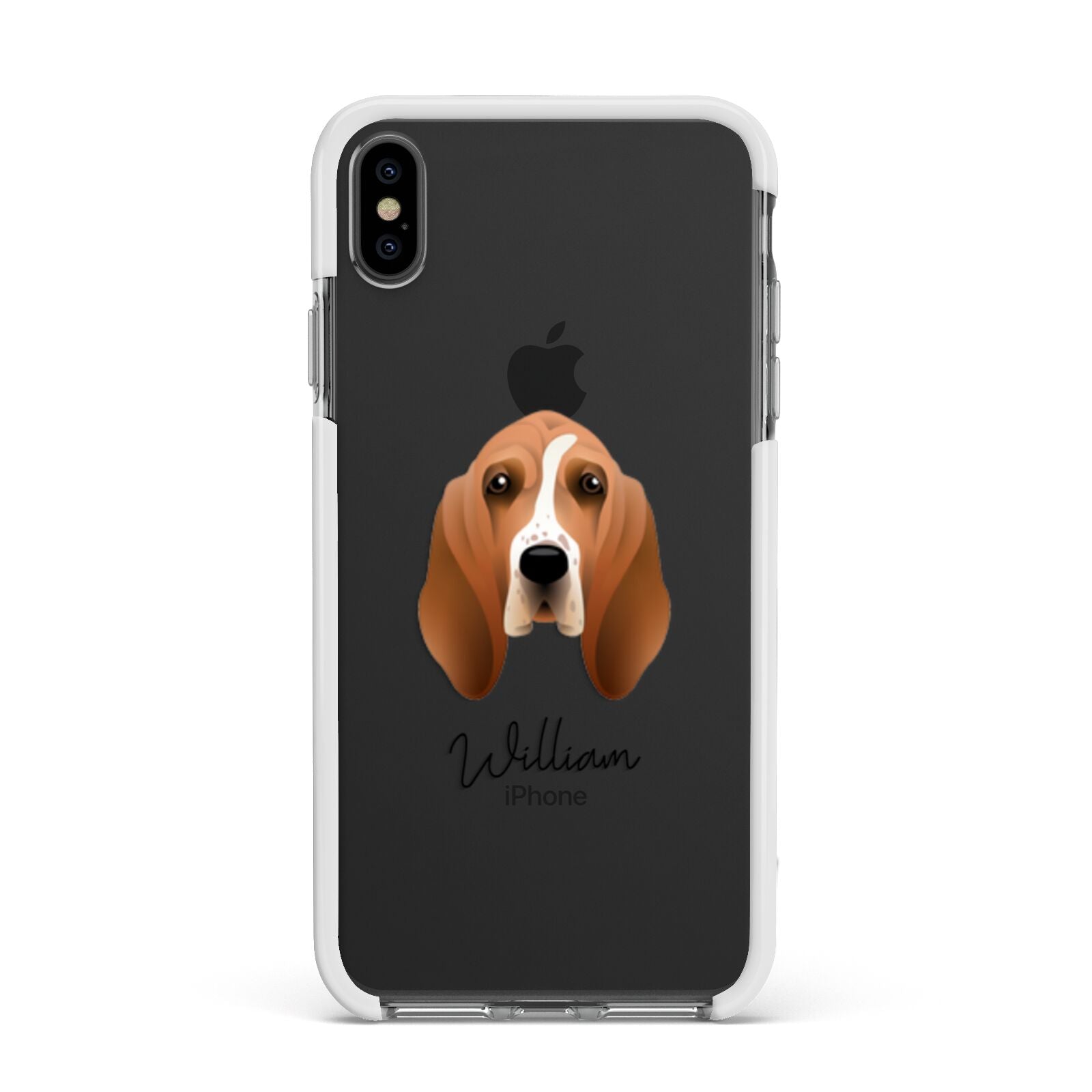 Basset Hound Personalised Apple iPhone Xs Max Impact Case White Edge on Black Phone