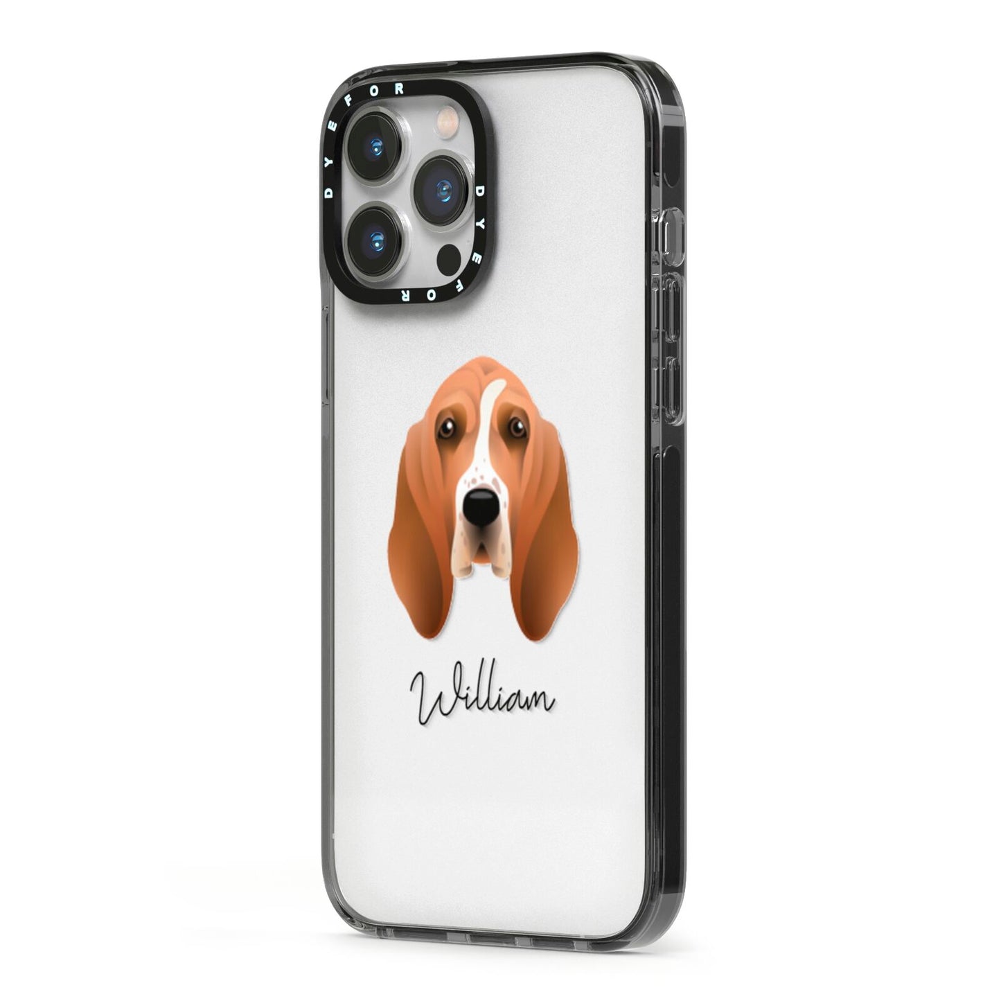 Basset Hound Personalised iPhone 13 Pro Max Black Impact Case Side Angle on Silver phone
