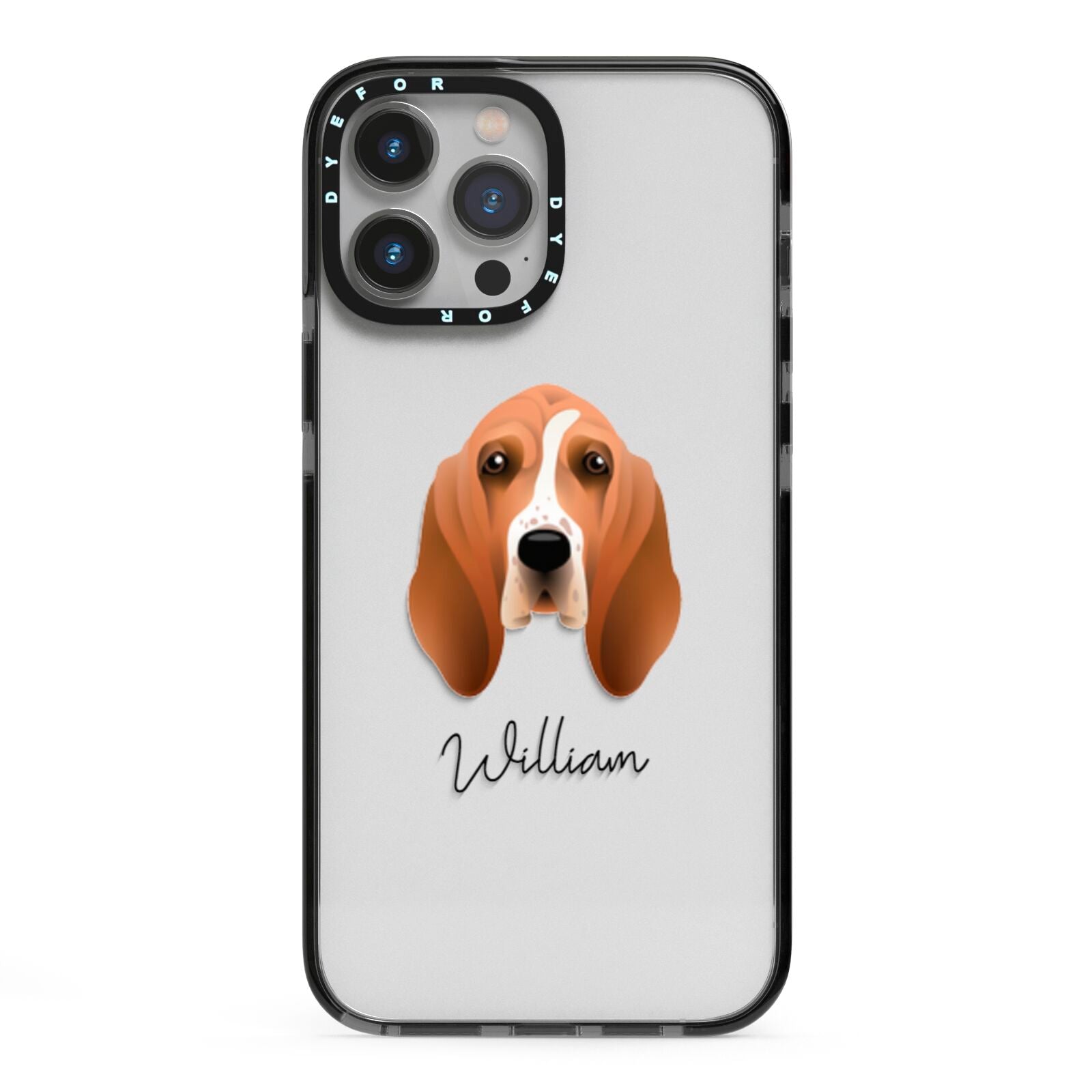 Basset Hound Personalised iPhone 13 Pro Max Black Impact Case on Silver phone