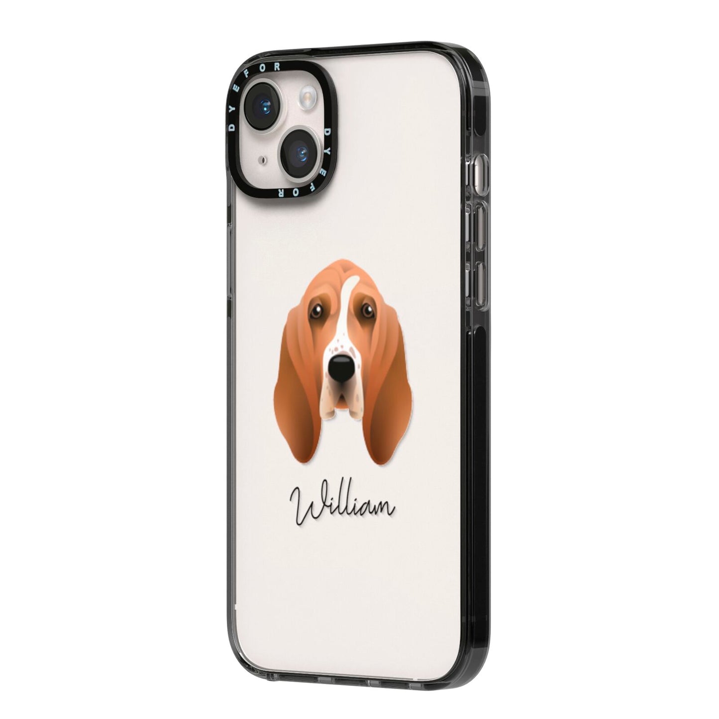 Basset Hound Personalised iPhone 14 Plus Black Impact Case Side Angle on Silver phone