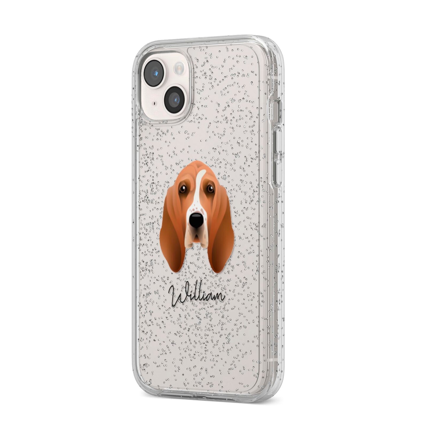 Basset Hound Personalised iPhone 14 Plus Glitter Tough Case Starlight Angled Image