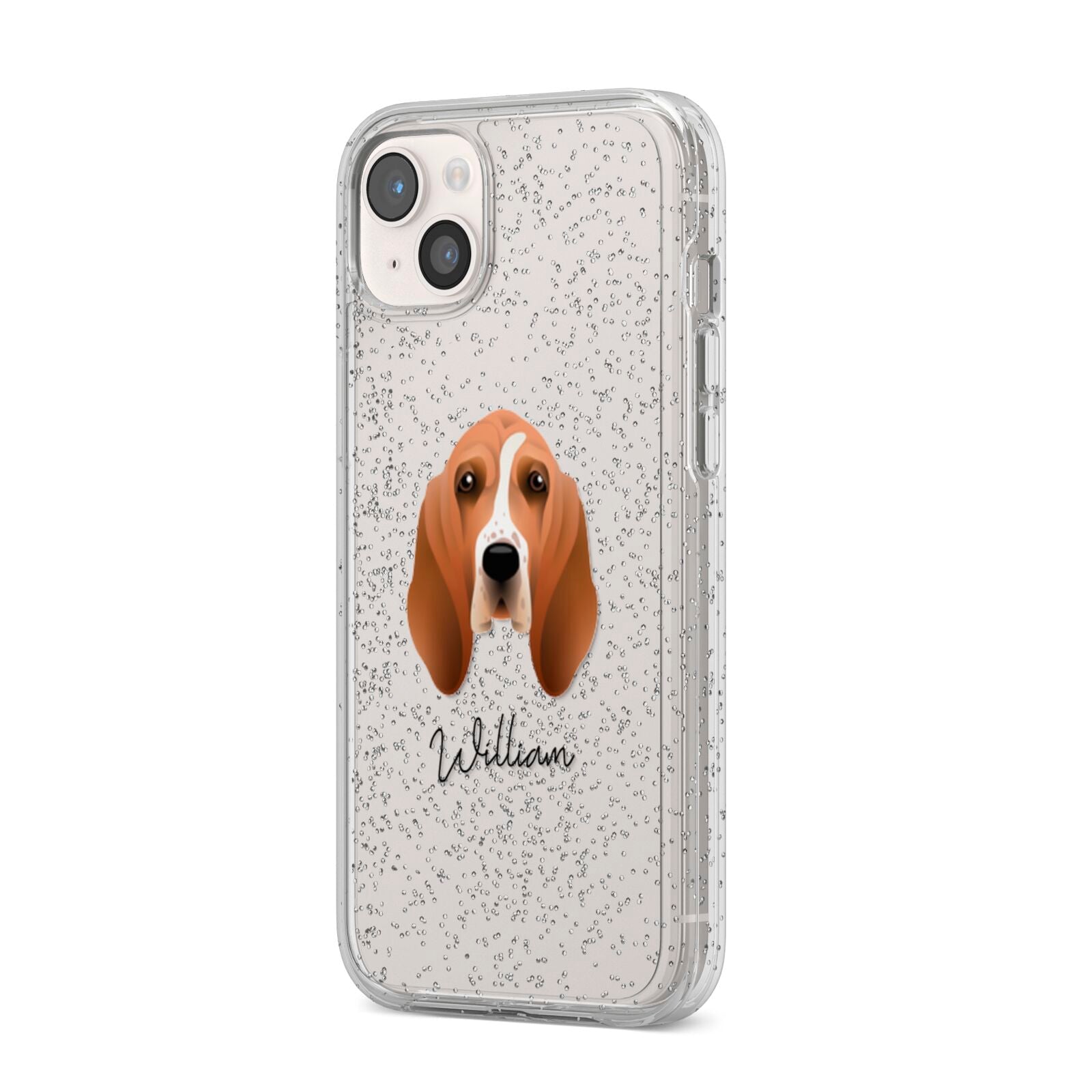 Basset Hound Personalised iPhone 14 Plus Glitter Tough Case Starlight Angled Image