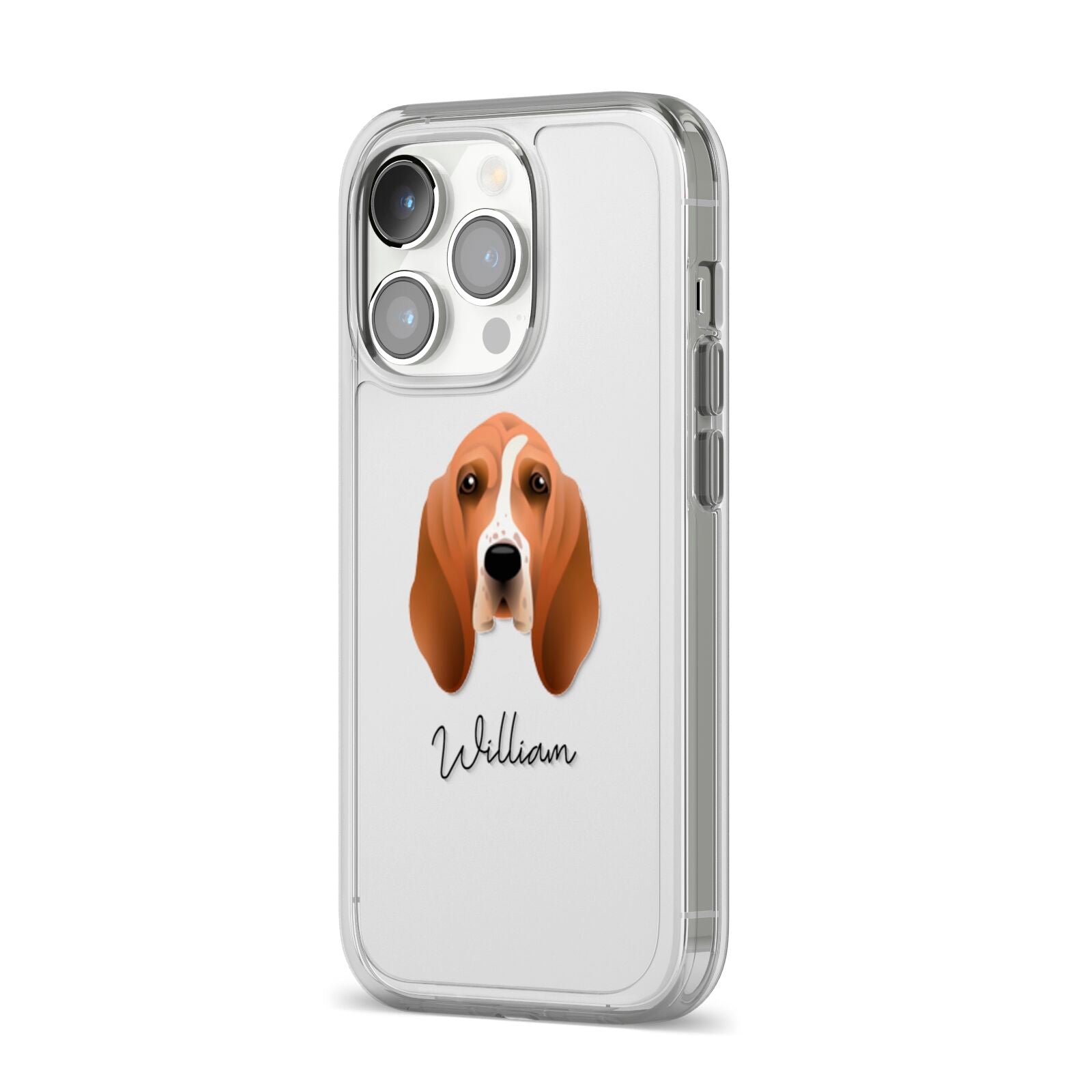 Basset Hound Personalised iPhone 14 Pro Clear Tough Case Silver Angled Image