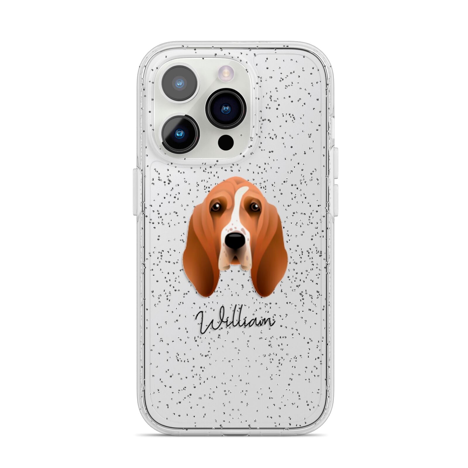 Basset Hound Personalised iPhone 14 Pro Glitter Tough Case Silver