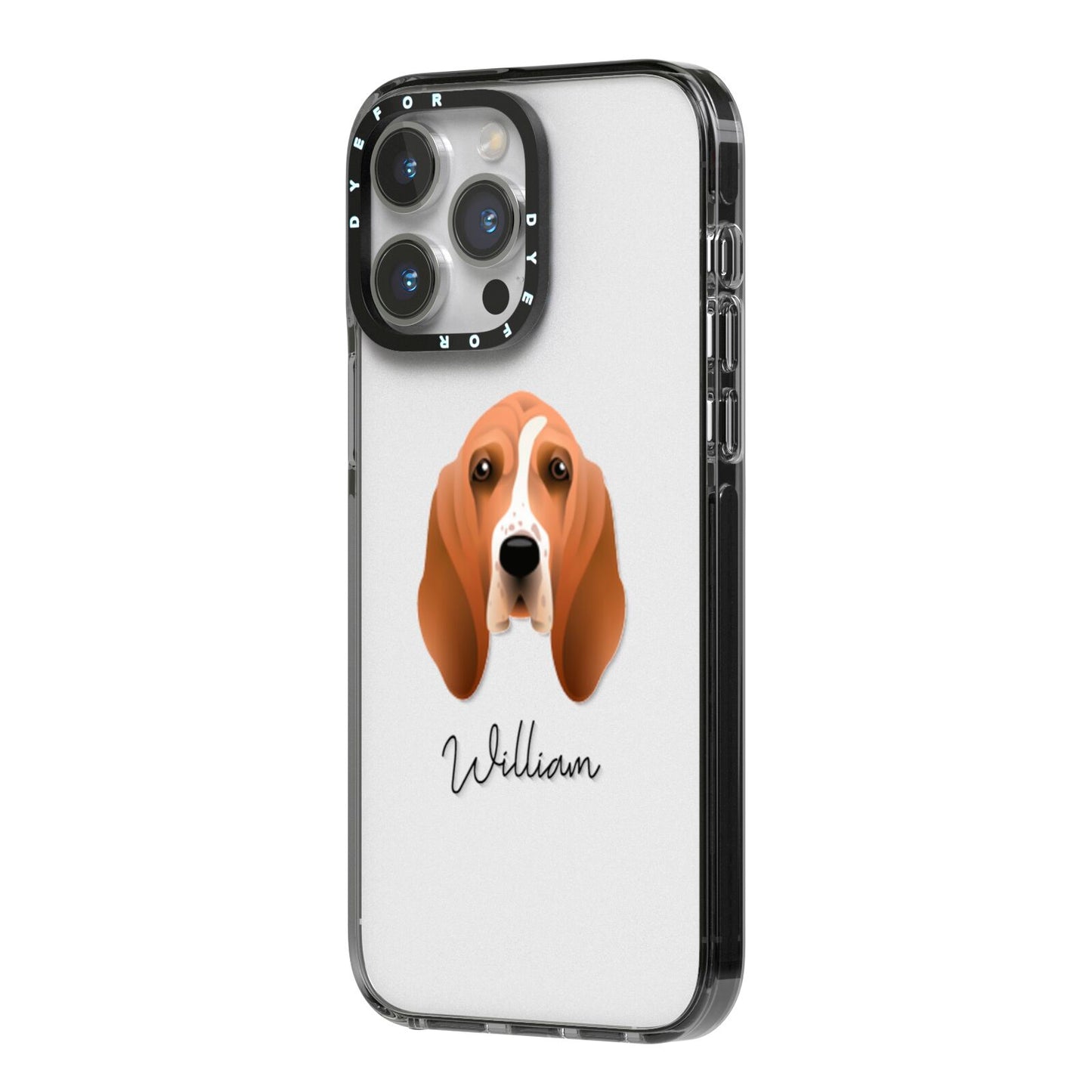 Basset Hound Personalised iPhone 14 Pro Max Black Impact Case Side Angle on Silver phone
