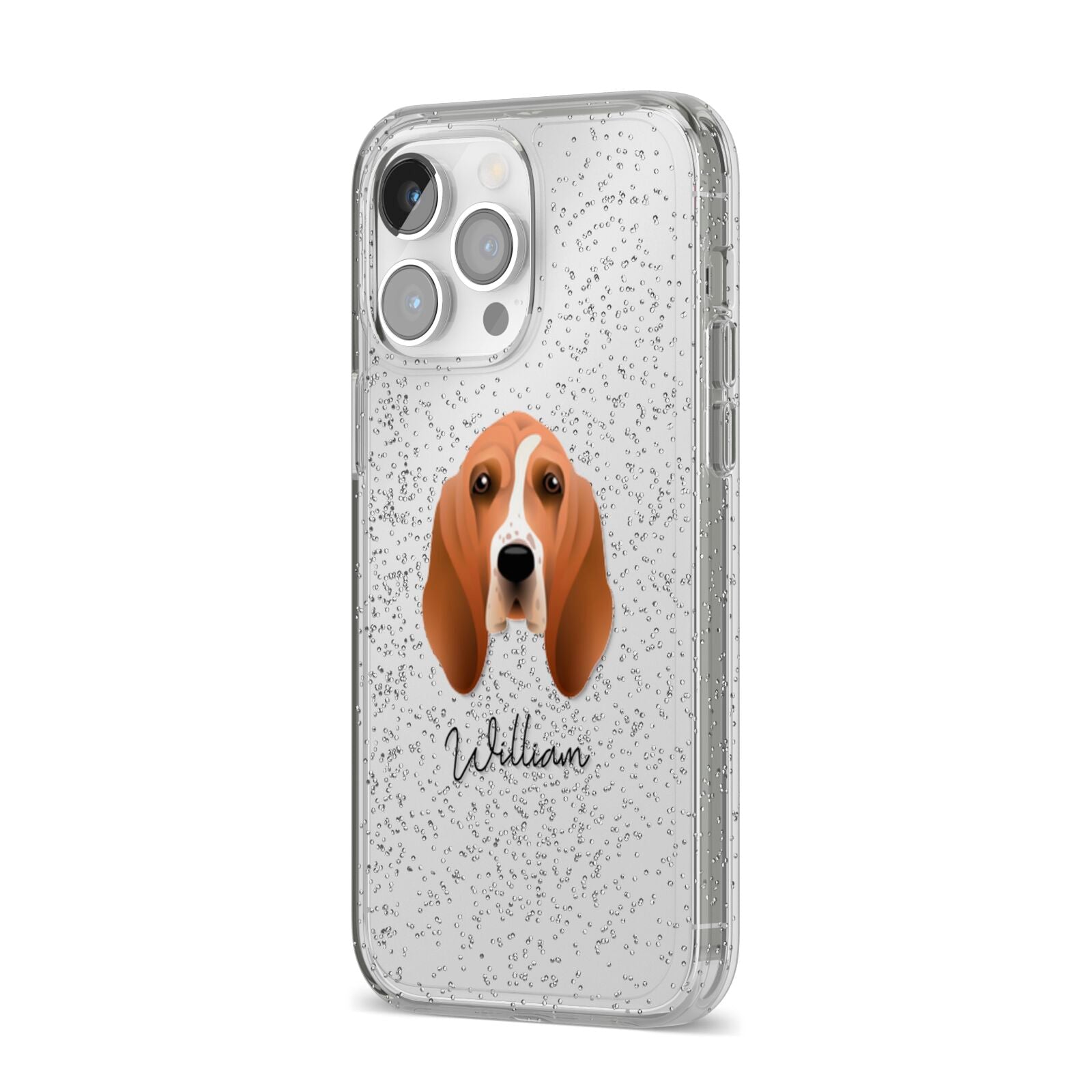 Basset Hound Personalised iPhone 14 Pro Max Glitter Tough Case Silver Angled Image